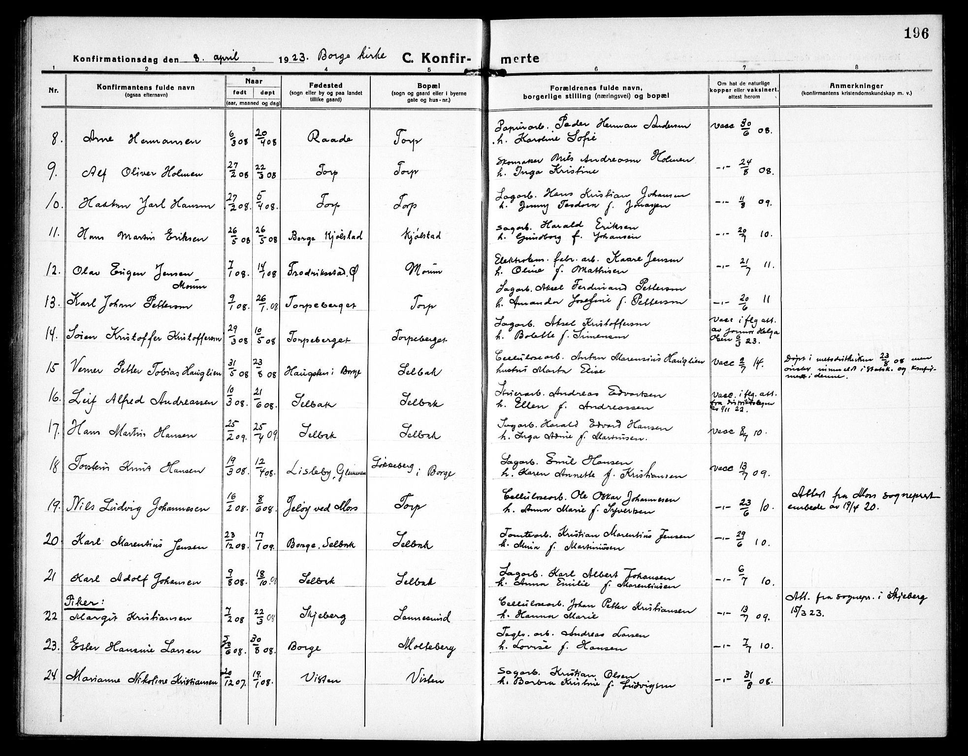 Borge prestekontor Kirkebøker, SAO/A-10903/G/Ga/L0003: Parish register (copy) no. I 3, 1918-1939, p. 196