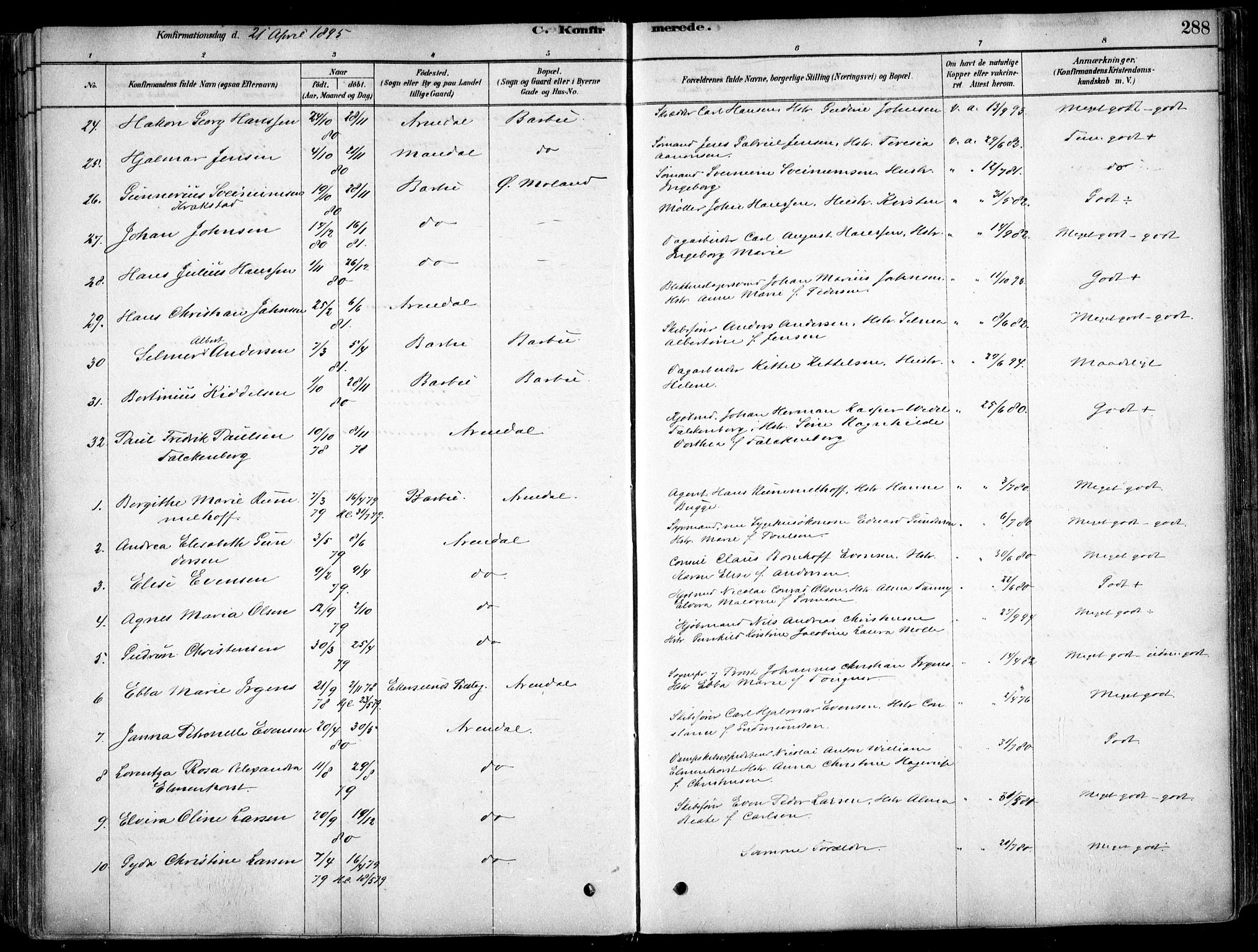 Arendal sokneprestkontor, Trefoldighet, AV/SAK-1111-0040/F/Fa/L0008: Parish register (official) no. A 8, 1878-1899, p. 288