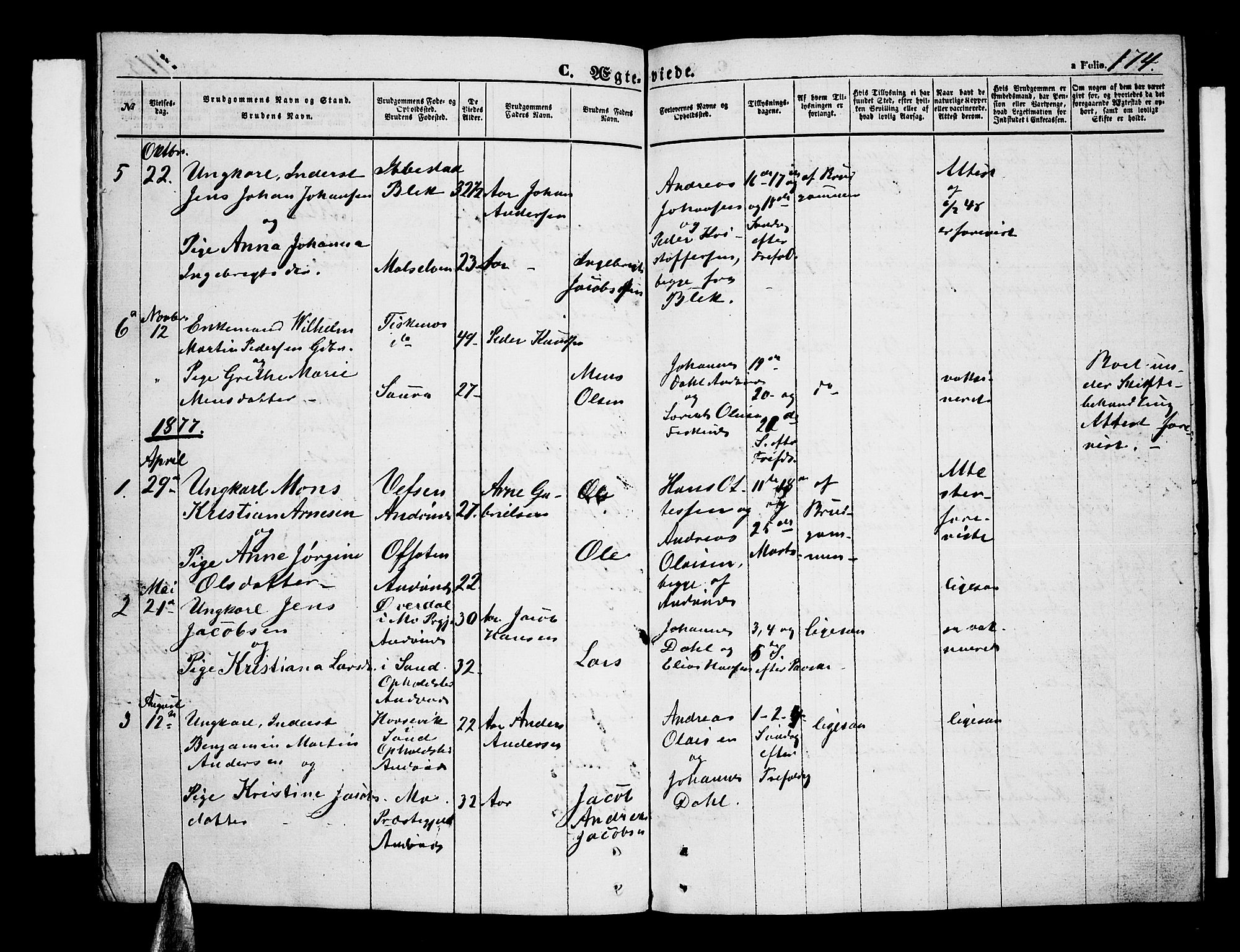 Ministerialprotokoller, klokkerbøker og fødselsregistre - Nordland, AV/SAT-A-1459/899/L1447: Parish register (copy) no. 899C02, 1855-1886, p. 174