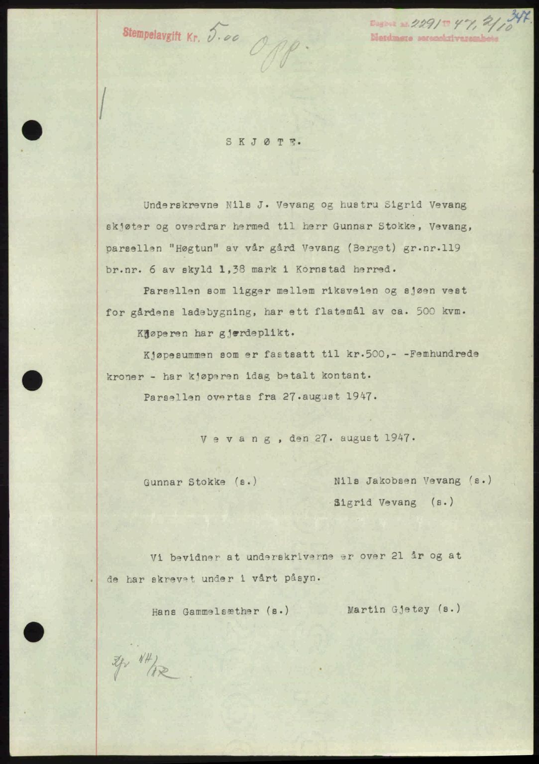 Nordmøre sorenskriveri, AV/SAT-A-4132/1/2/2Ca: Mortgage book no. A106, 1947-1947, Diary no: : 2291/1947