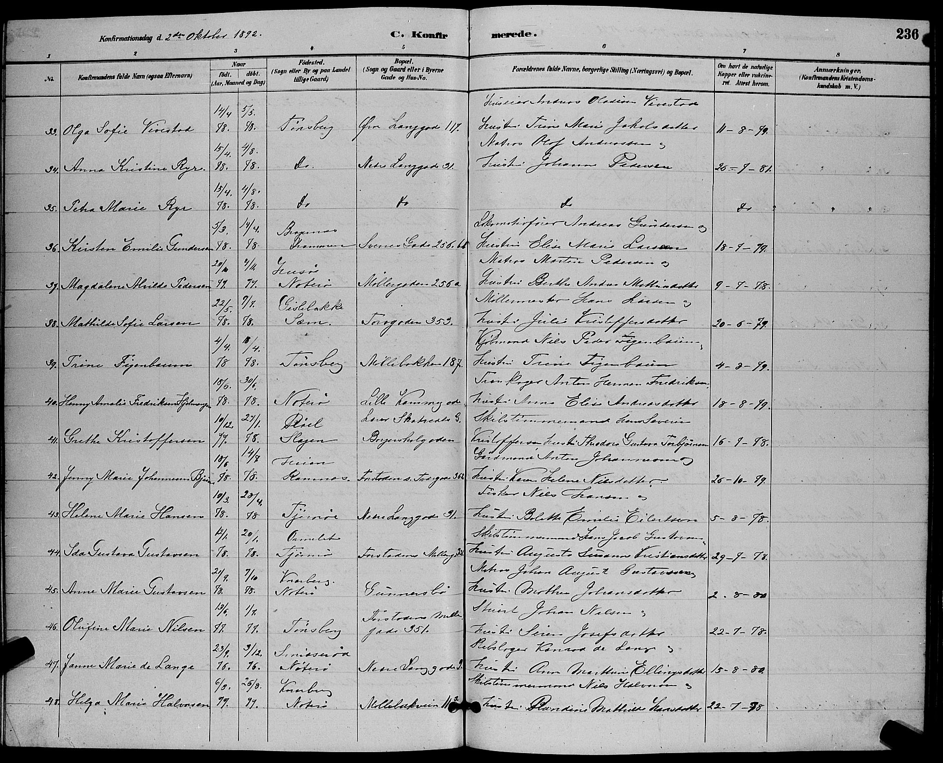 Tønsberg kirkebøker, AV/SAKO-A-330/G/Ga/L0006: Parish register (copy) no. 6, 1885-1895, p. 236