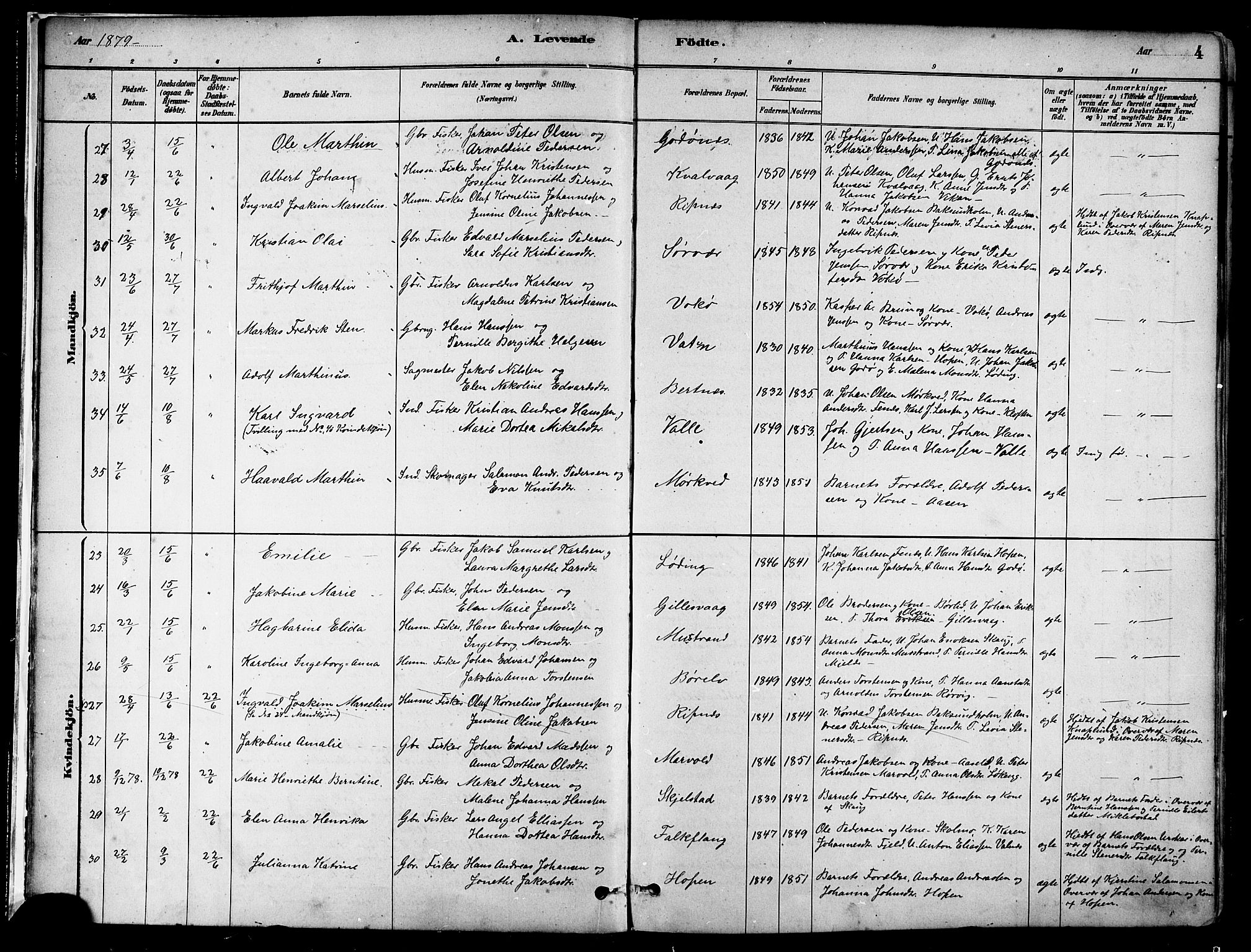 Ministerialprotokoller, klokkerbøker og fødselsregistre - Nordland, AV/SAT-A-1459/802/L0054: Parish register (official) no. 802A01, 1879-1893, p. 4