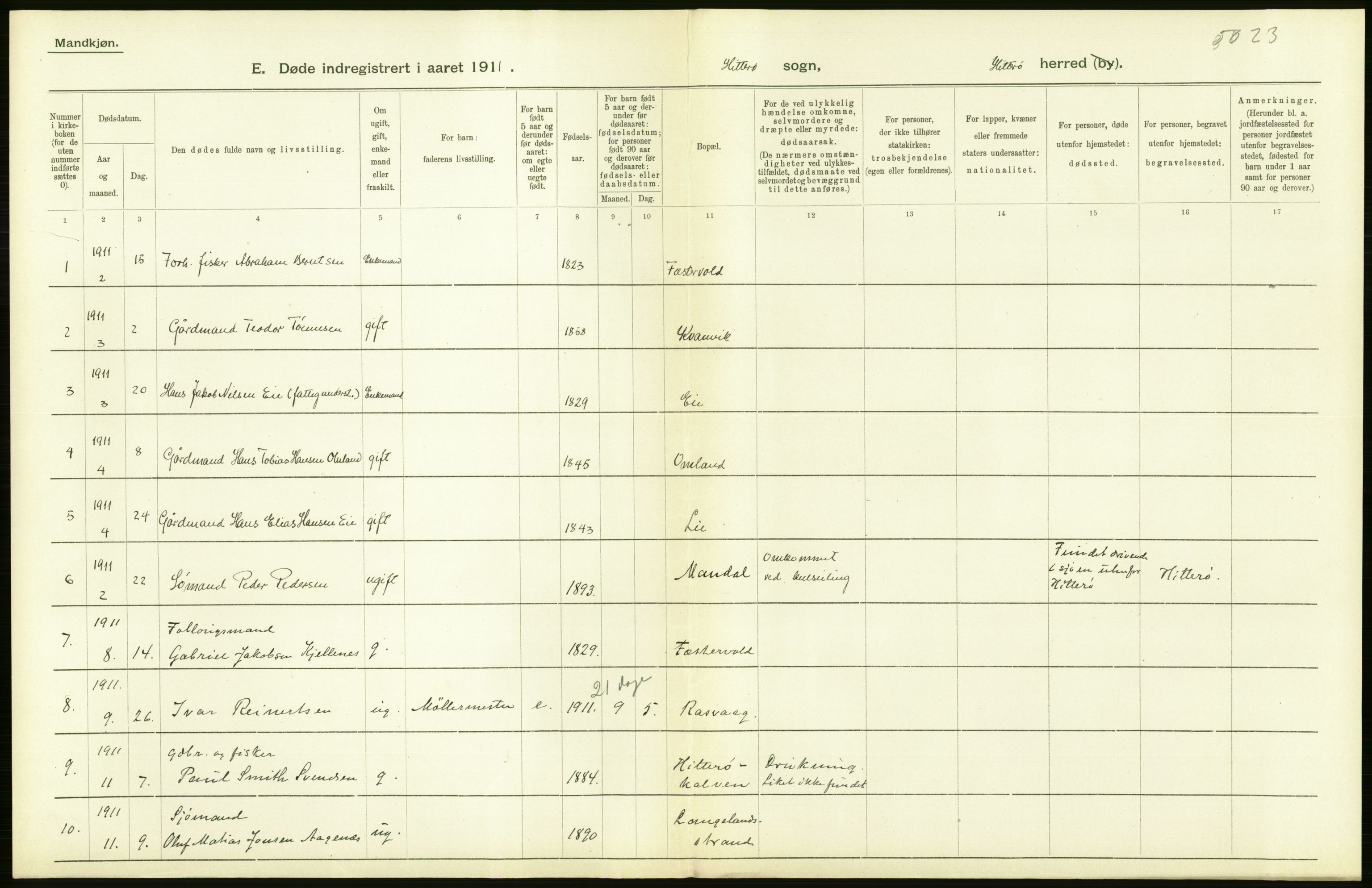 Statistisk sentralbyrå, Sosiodemografiske emner, Befolkning, AV/RA-S-2228/D/Df/Dfb/Dfba/L0024: Lister og Mandals amt:  Gifte, døde, dødfødte. Bygder og byer., 1911, p. 144