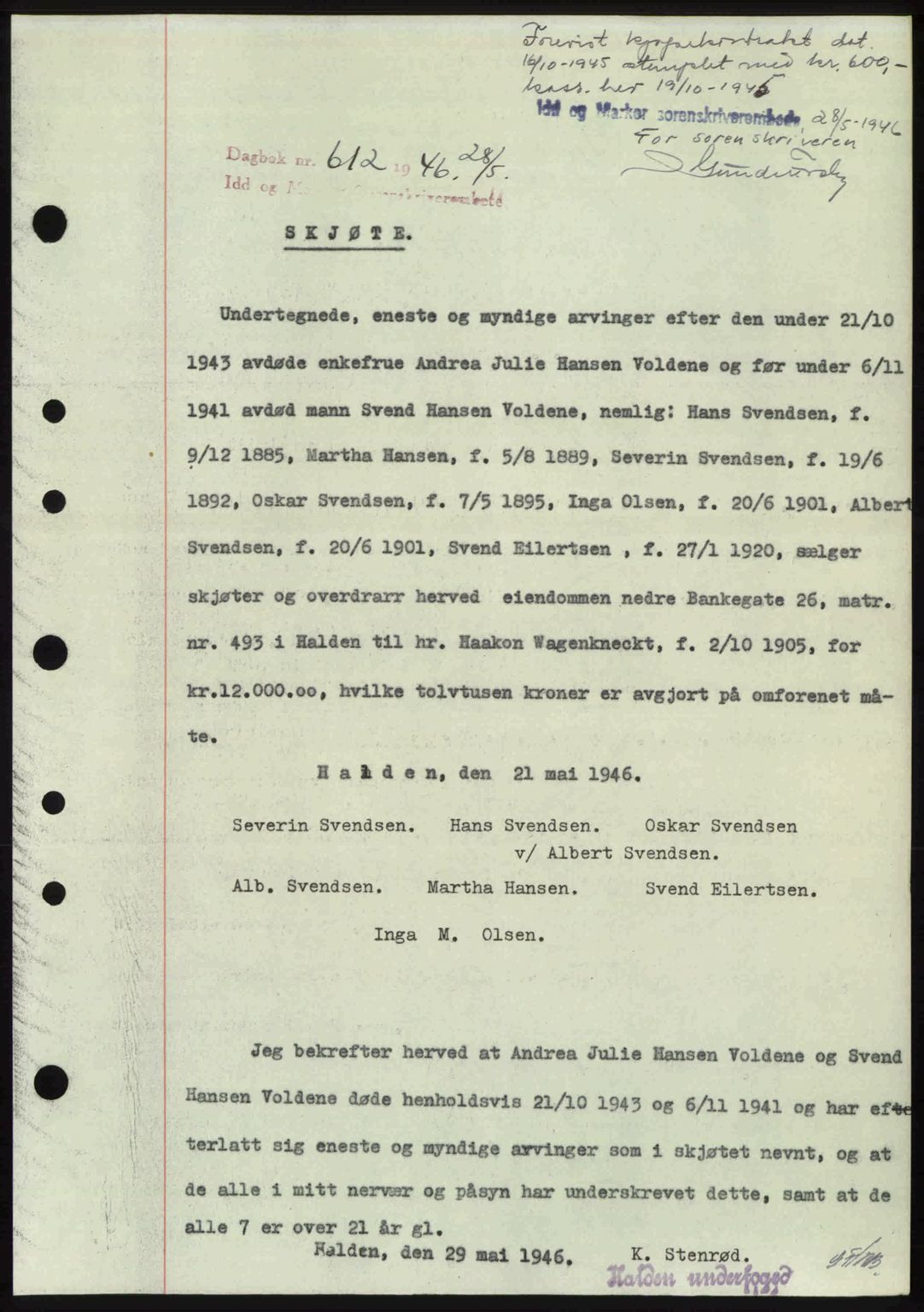 Idd og Marker sorenskriveri, SAO/A-10283/G/Gb/Gbb/L0008: Mortgage book no. A8, 1946-1946, Diary no: : 612/1946