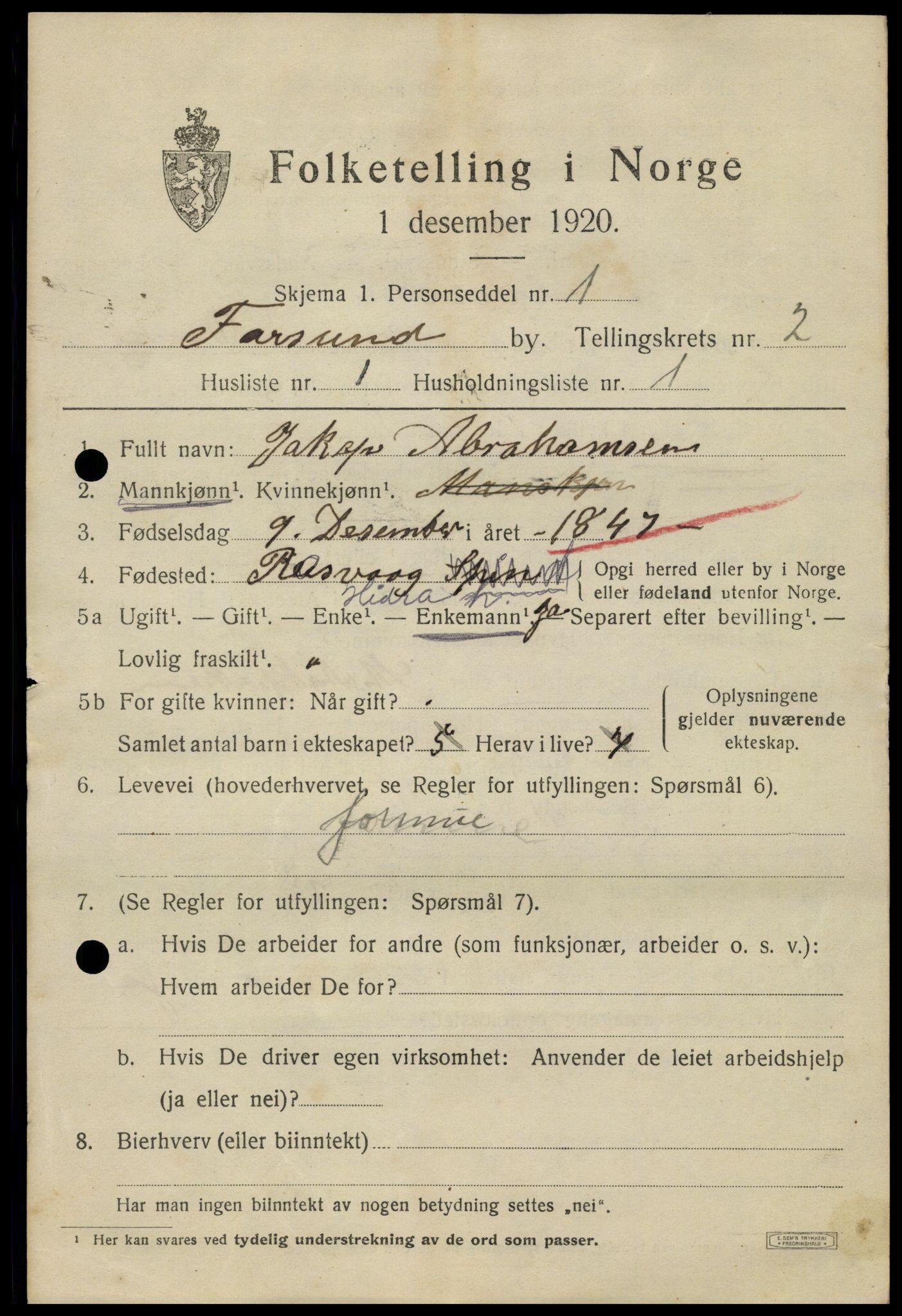 SAK, 1920 census for Farsund, 1920, p. 2563