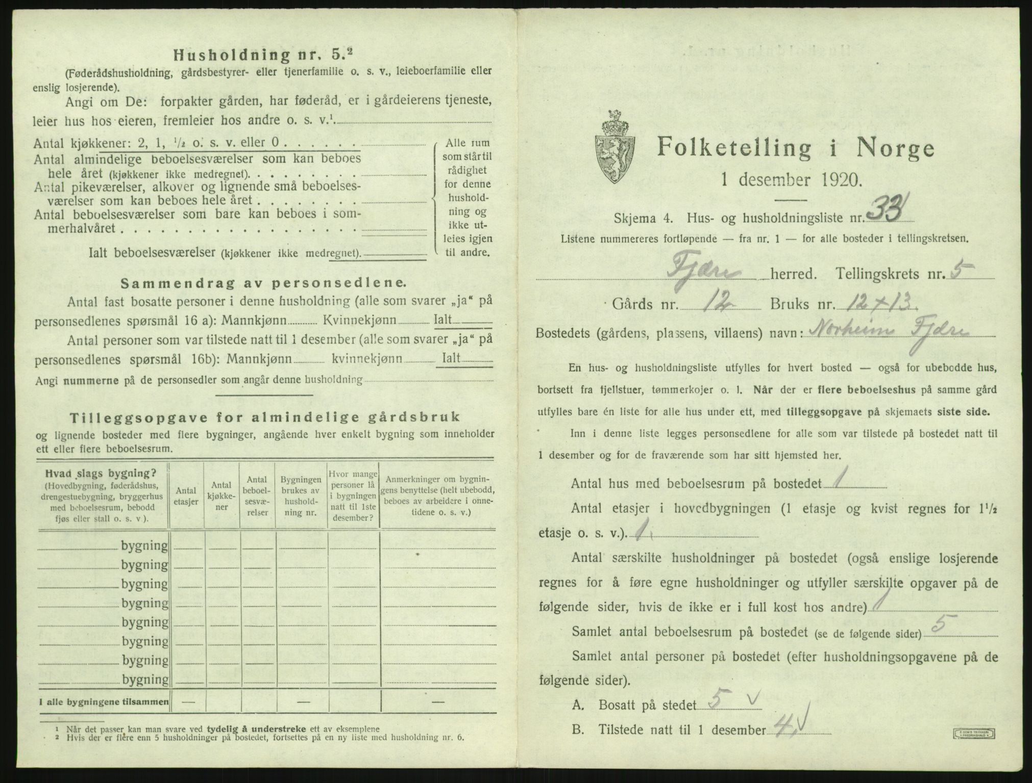 SAK, 1920 census for Fjære, 1920, p. 1077