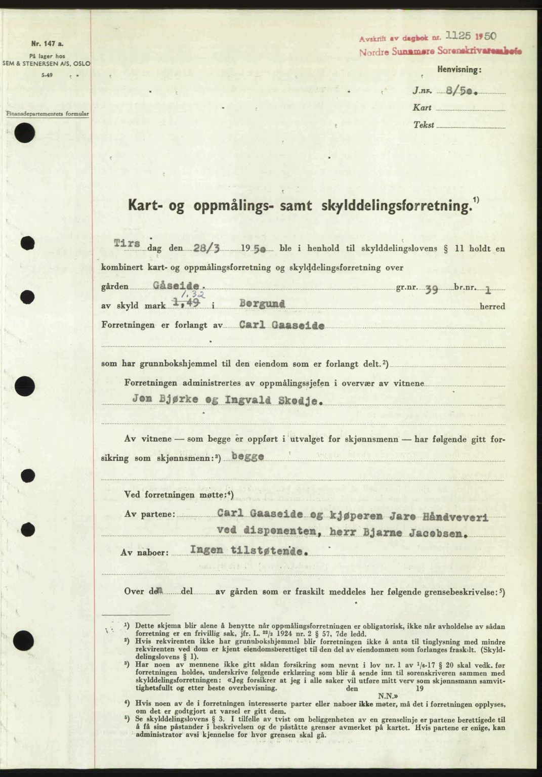 Nordre Sunnmøre sorenskriveri, AV/SAT-A-0006/1/2/2C/2Ca: Mortgage book no. A34, 1950-1950, Diary no: : 1125/1950