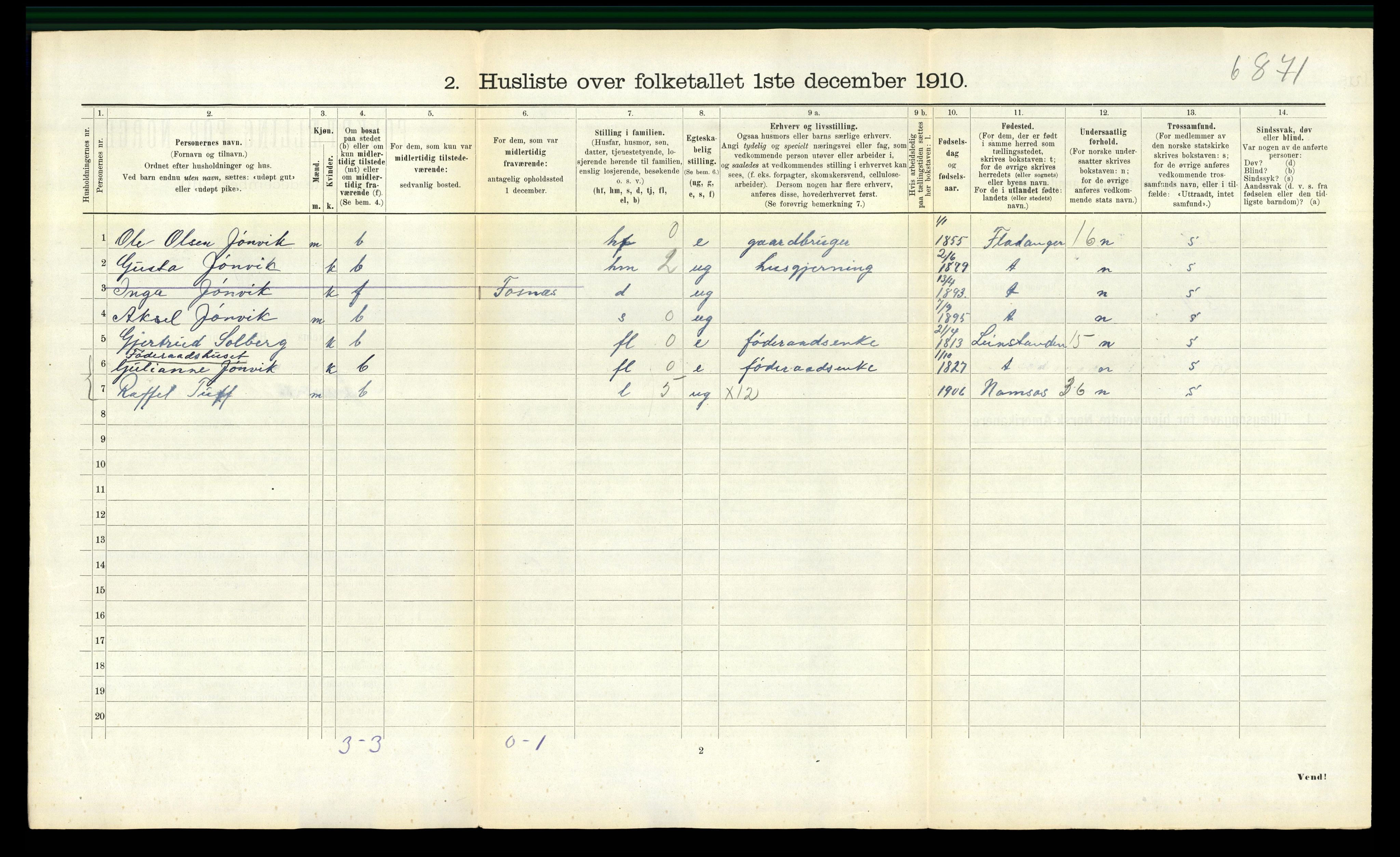 RA, 1910 census for Fosnes, 1910, p. 264