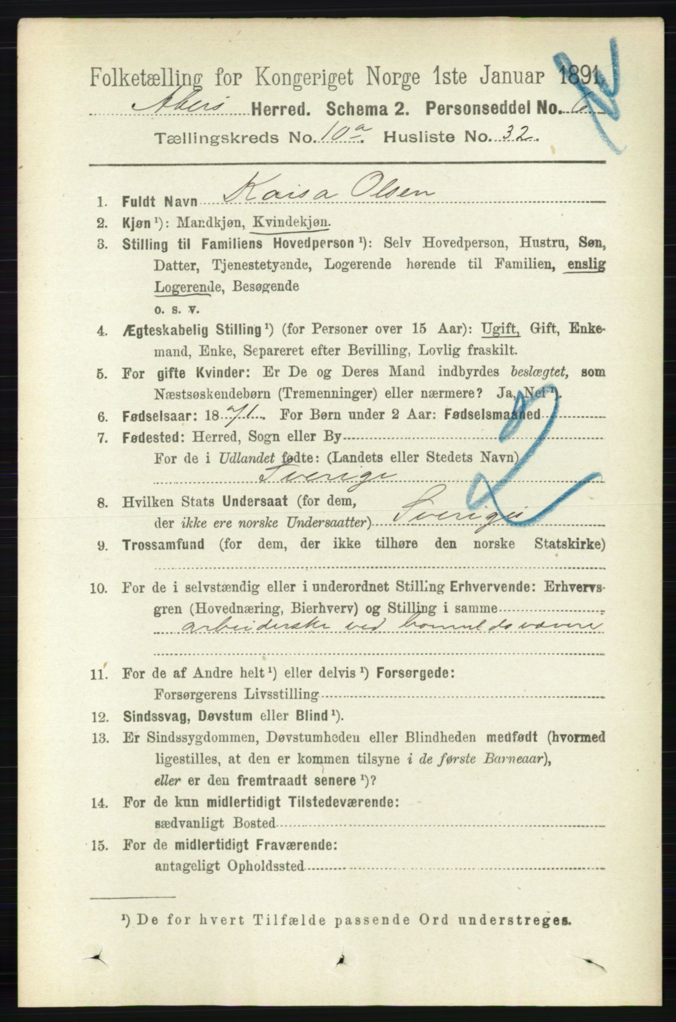 RA, 1891 census for 0218 Aker, 1891, p. 9495