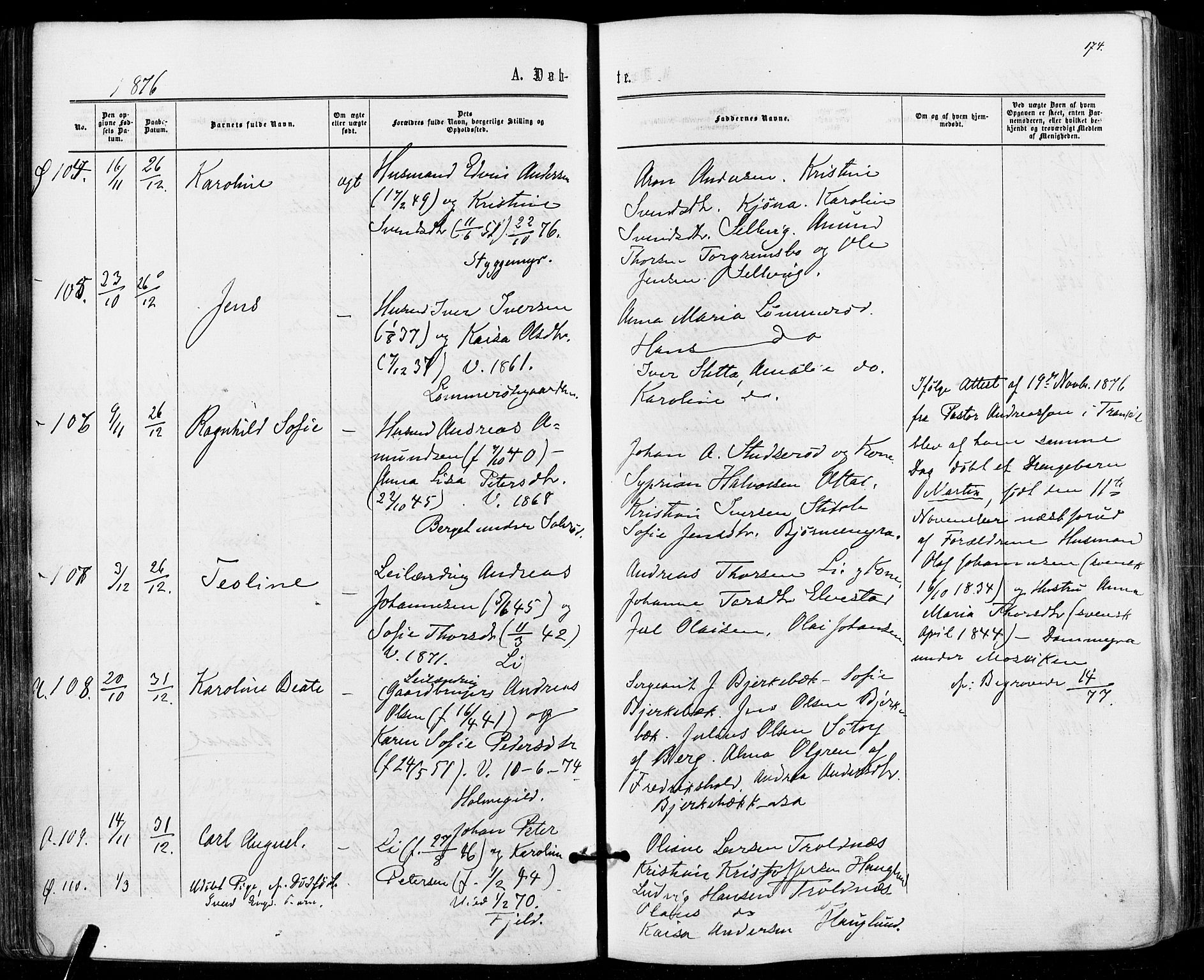 Aremark prestekontor Kirkebøker, SAO/A-10899/F/Fc/L0004: Parish register (official) no. III 4, 1866-1877, p. 173-174