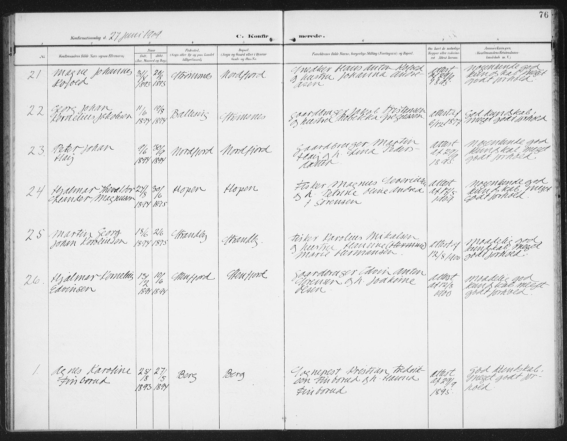 Berg sokneprestkontor, AV/SATØ-S-1318/G/Ga/Gaa/L0007kirke: Parish register (official) no. 7, 1906-1915, p. 76