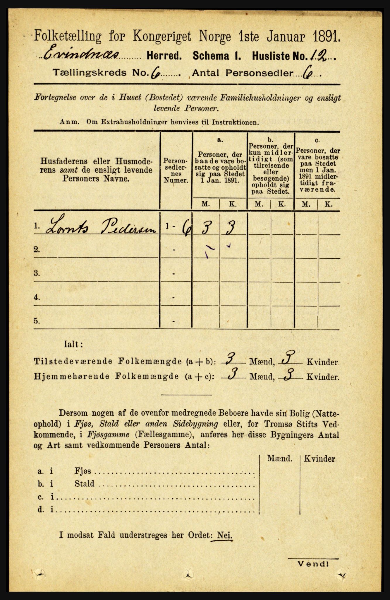 RA, 1891 census for 1853 Evenes, 1891, p. 1896