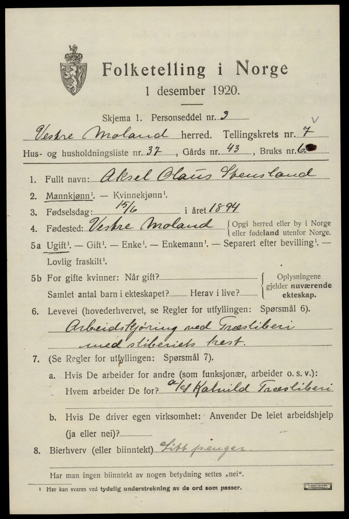 SAK, 1920 census for Vestre Moland, 1920, p. 5173