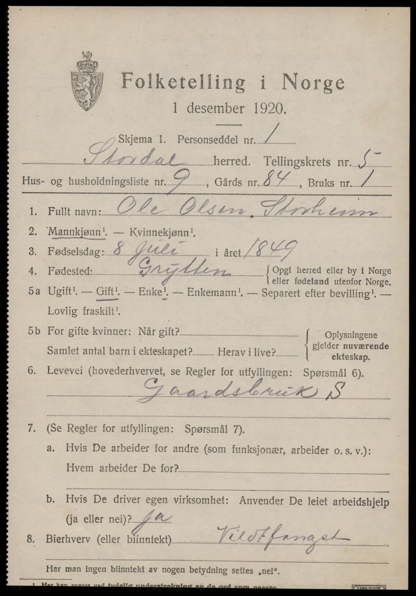 SAT, 1920 census for Stordal, 1920, p. 1636