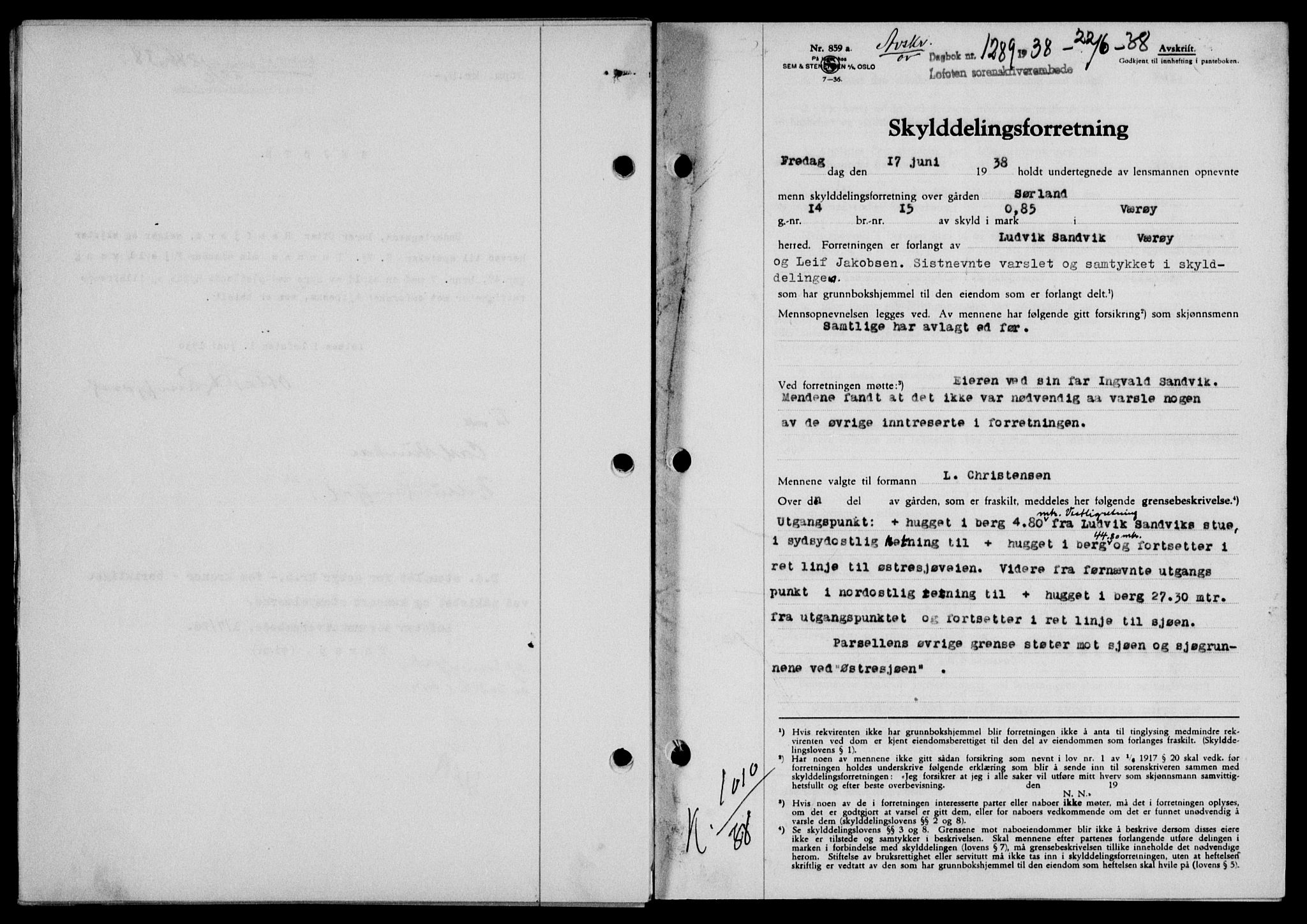 Lofoten sorenskriveri, SAT/A-0017/1/2/2C/L0004a: Mortgage book no. 4a, 1938-1938, Diary no: : 1289/1938