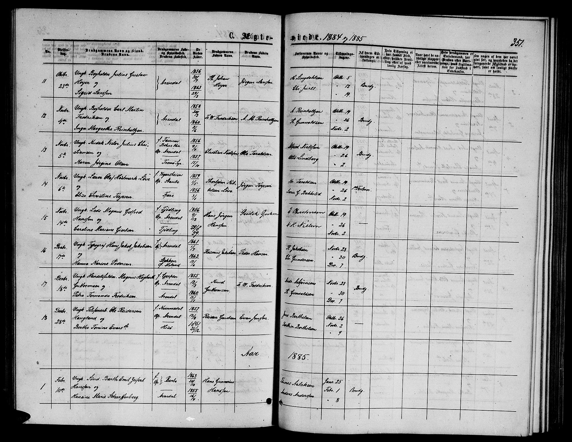 Arendal sokneprestkontor, Trefoldighet, AV/SAK-1111-0040/F/Fb/L0005: Parish register (copy) no. B 5, 1874-1888, p. 351