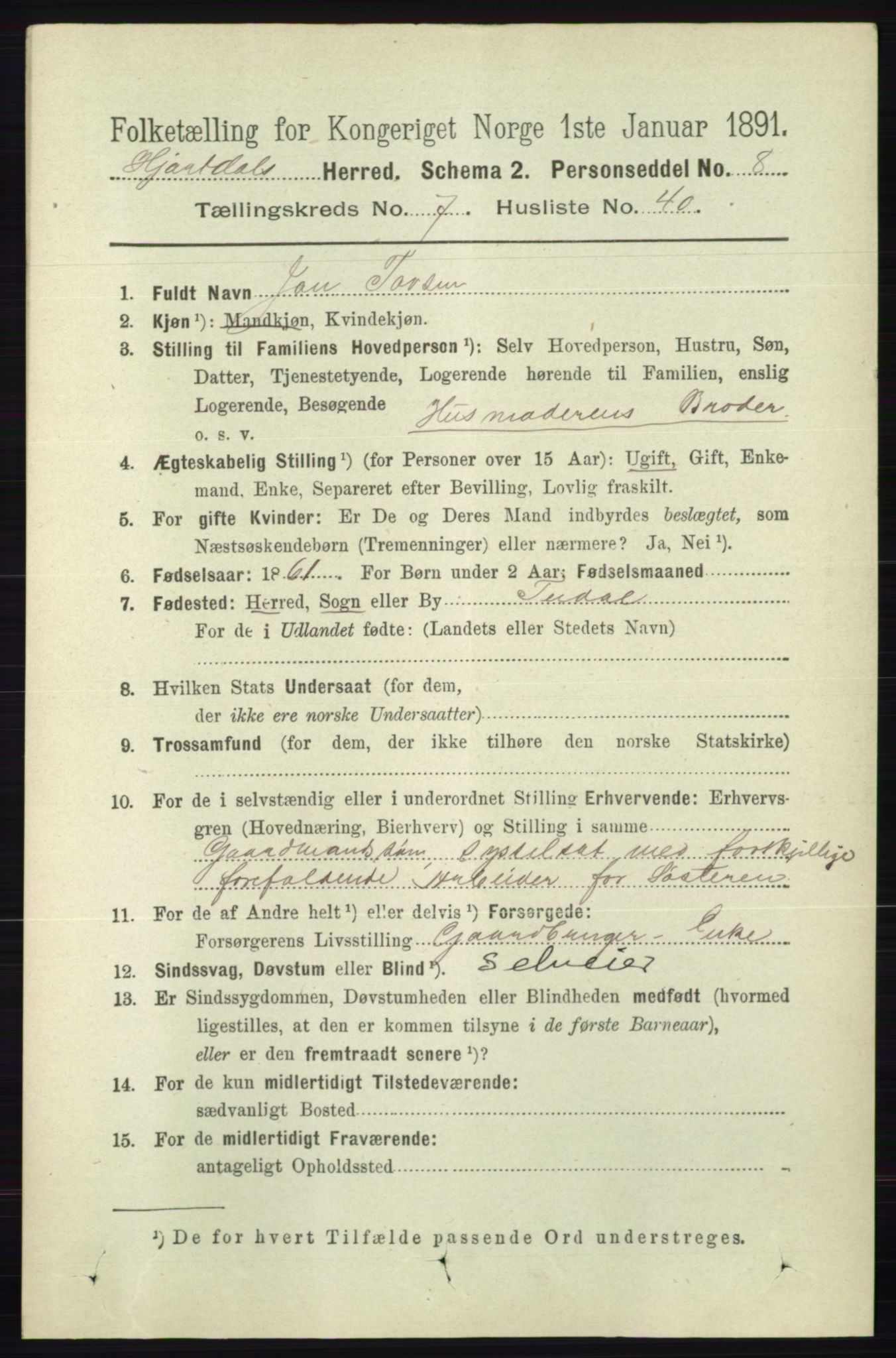 RA, 1891 census for 0827 Hjartdal, 1891, p. 2757