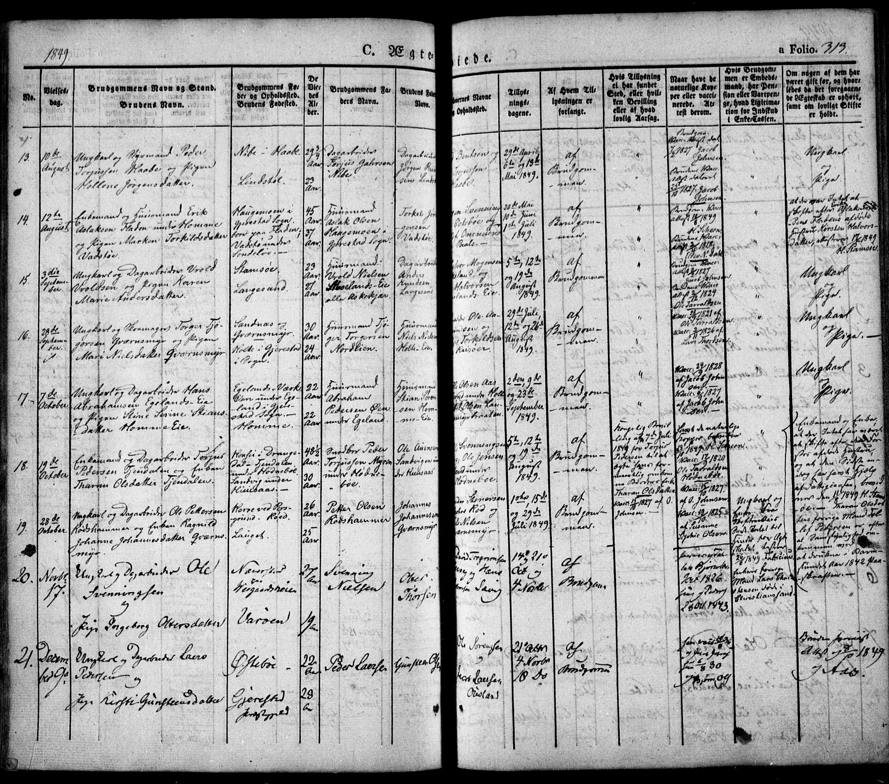 Søndeled sokneprestkontor, SAK/1111-0038/F/Fa/L0002: Parish register (official) no. A 2, 1839-1860, p. 313