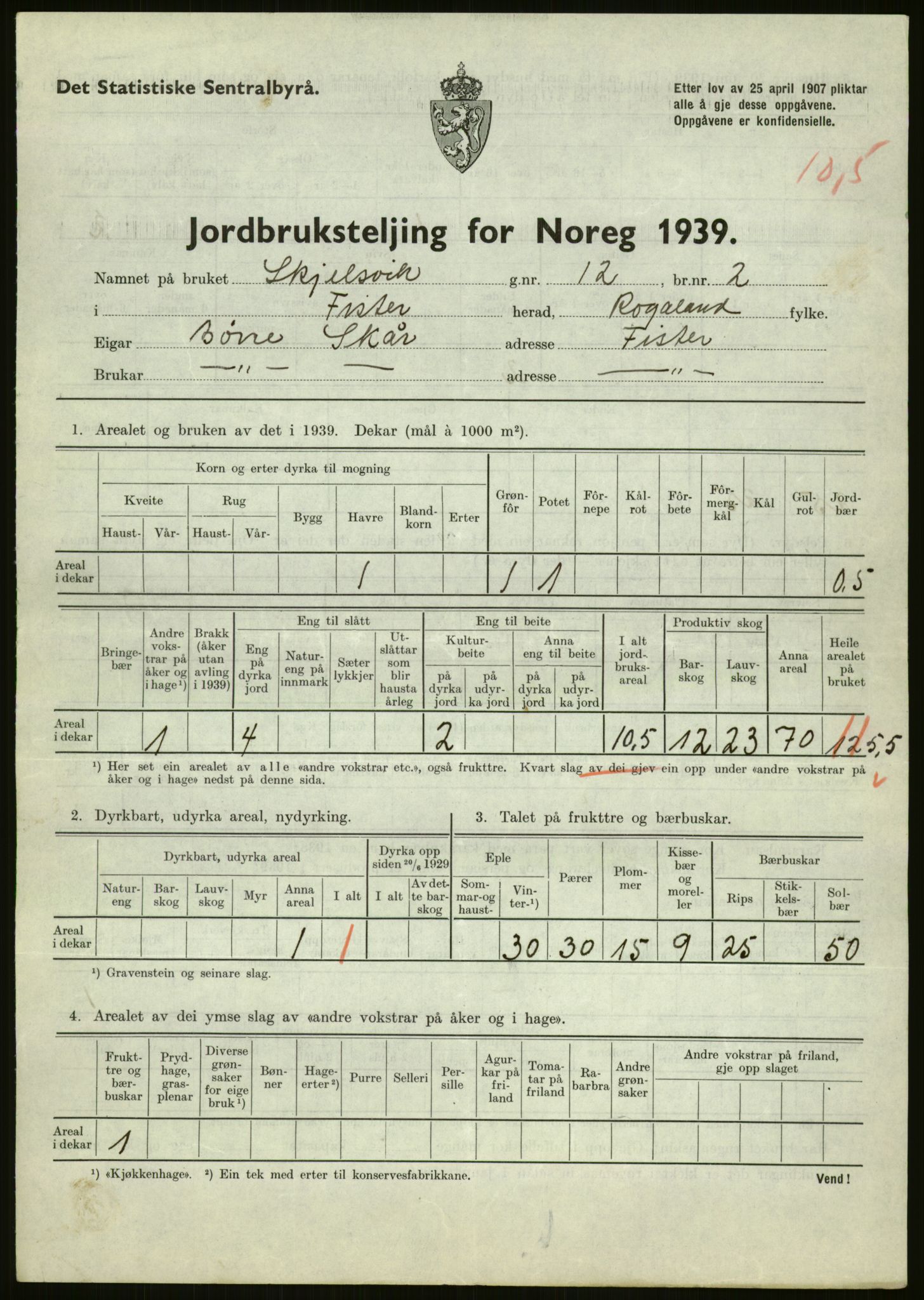 Statistisk sentralbyrå, Næringsøkonomiske emner, Jordbruk, skogbruk, jakt, fiske og fangst, AV/RA-S-2234/G/Gb/L0184: Rogaland: Årdal, Fister og Hjelmeland, 1939, p. 165