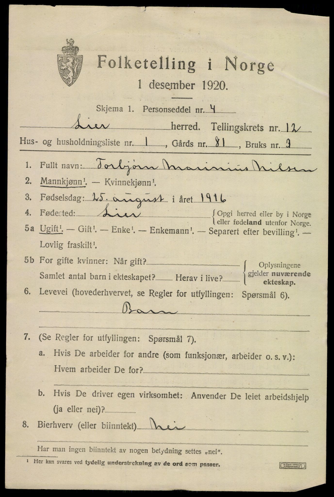 SAKO, 1920 census for Lier, 1920, p. 18504