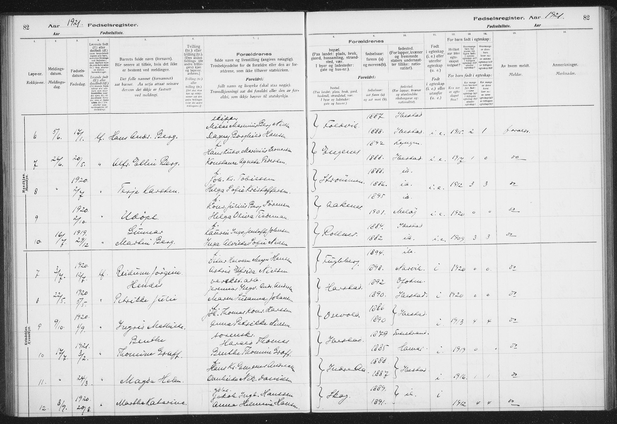 Ibestad sokneprestembete, AV/SATØ-S-0077/I/Ic/L0061: Birth register no. 61, 1917-1929, p. 82