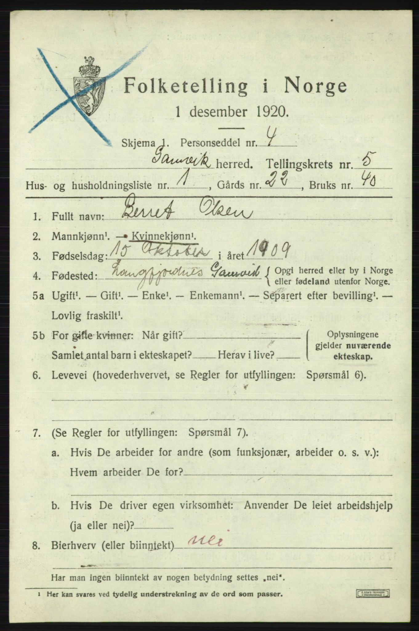 SATØ, 1920 census for Gamvik, 1920, p. 3556