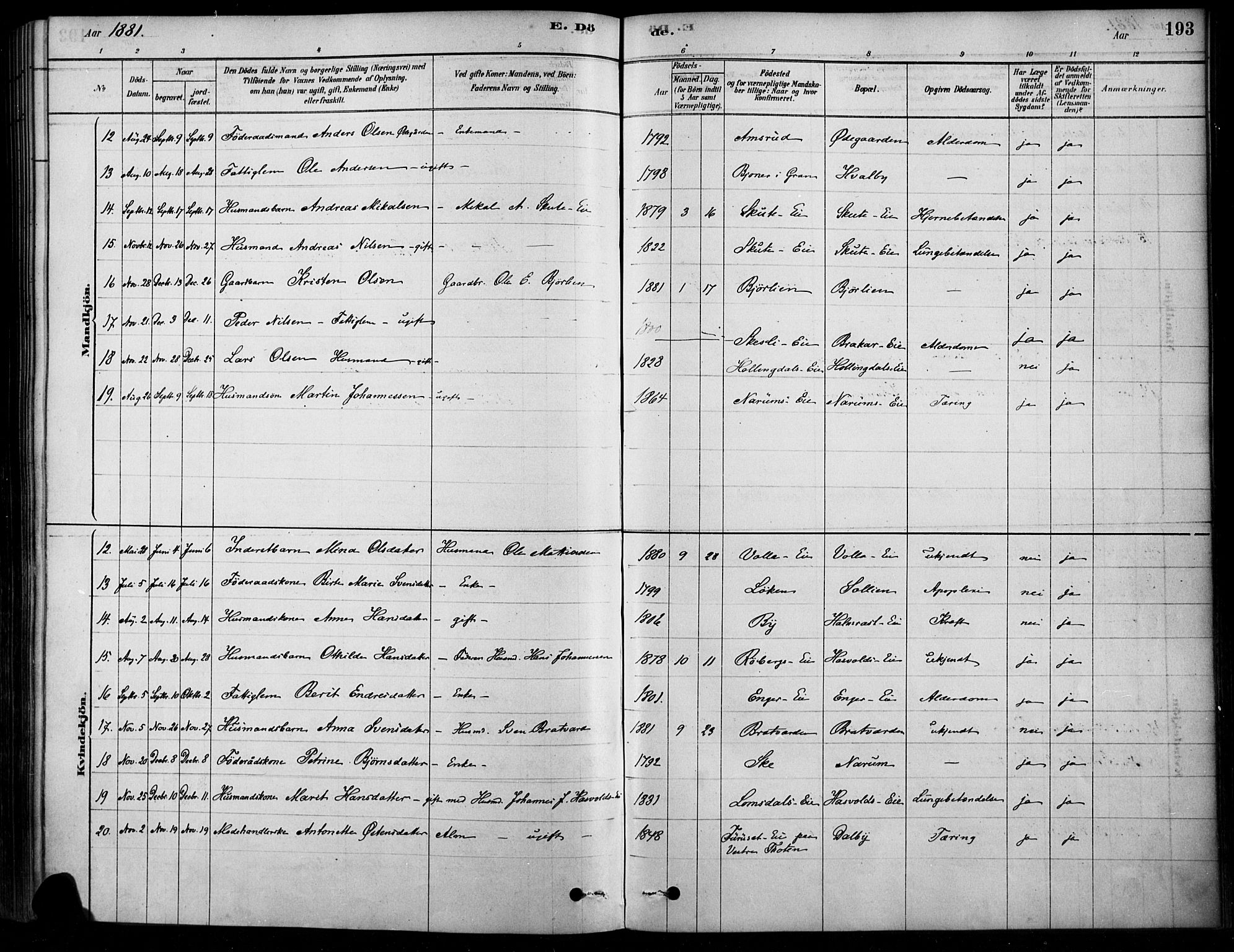 Søndre Land prestekontor, AV/SAH-PREST-122/K/L0003: Parish register (official) no. 3, 1878-1894, p. 193