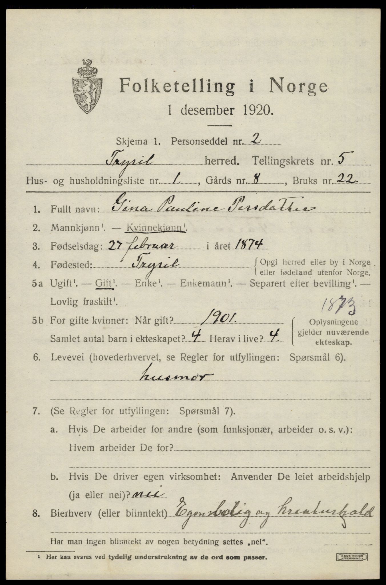 SAH, 1920 census for Trysil, 1920, p. 4313