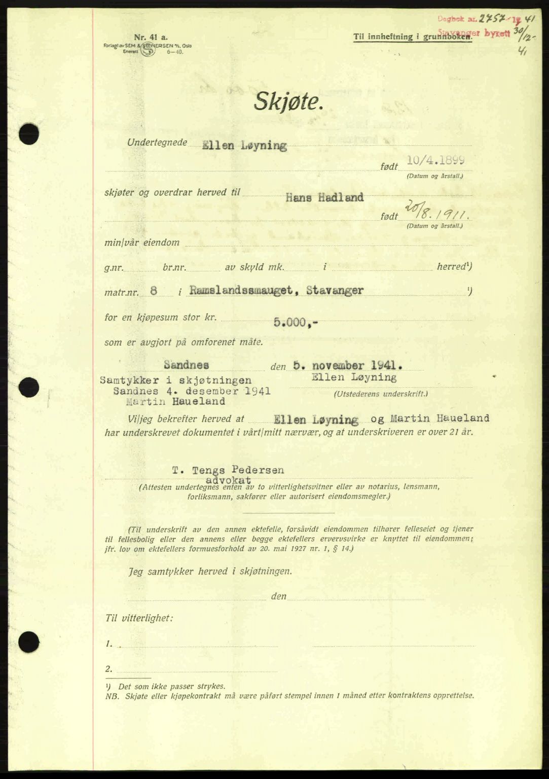 Stavanger byrett, SAST/A-100455/002/G/Gb/L0017: Mortgage book no. A7, 1941-1943, Diary no: : 2757/1941