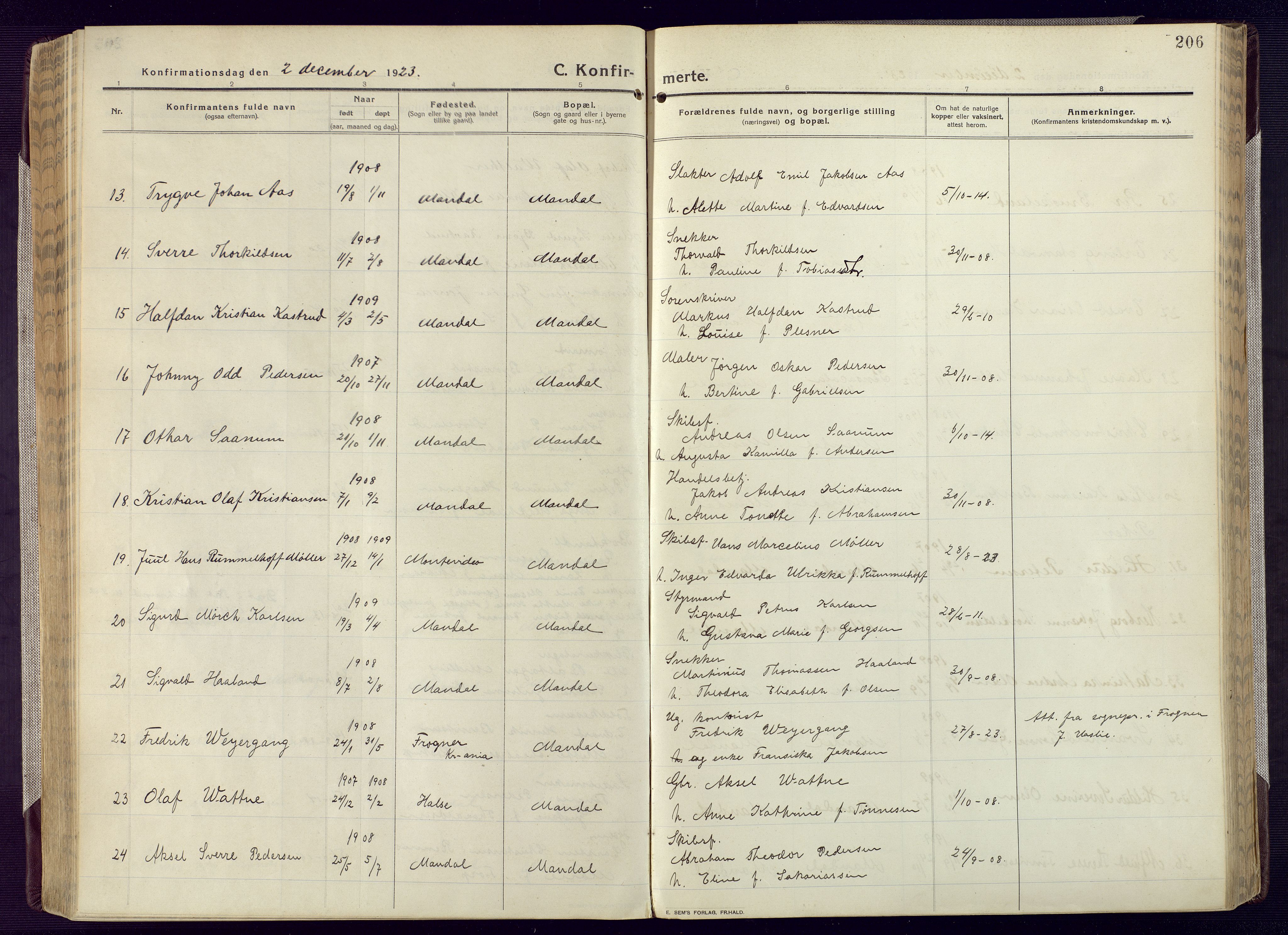 Mandal sokneprestkontor, AV/SAK-1111-0030/F/Fa/Fac/L0001: Parish register (official) no. A 1, 1913-1925, p. 206