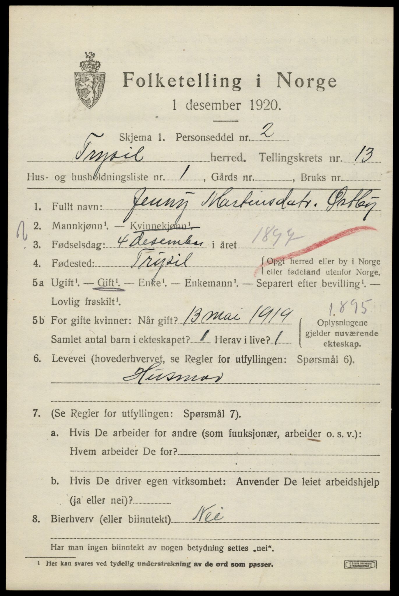 SAH, 1920 census for Trysil, 1920, p. 7633