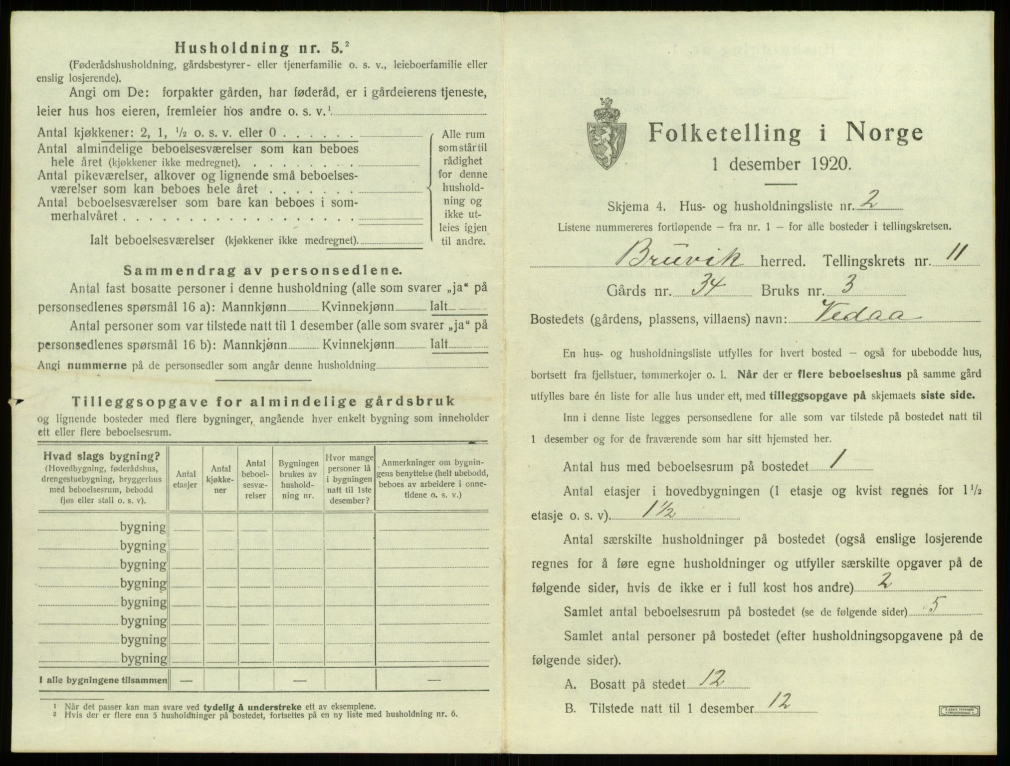 SAB, 1920 census for Bruvik, 1920, p. 825