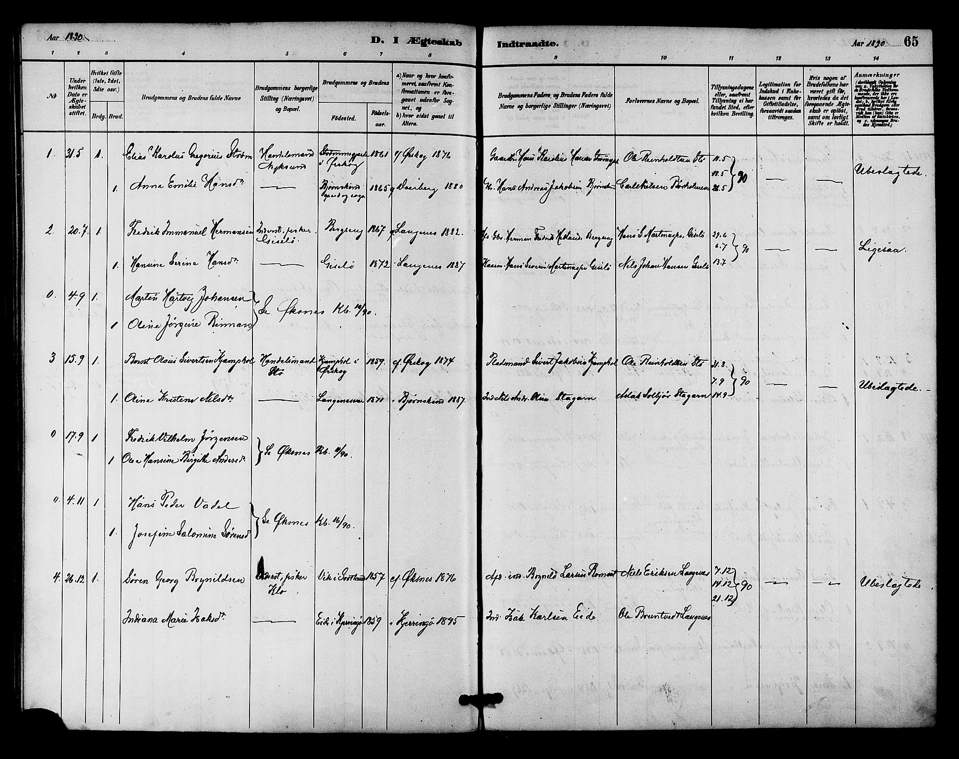 Ministerialprotokoller, klokkerbøker og fødselsregistre - Nordland, SAT/A-1459/894/L1355: Parish register (official) no. 894A01, 1885-1896, p. 65