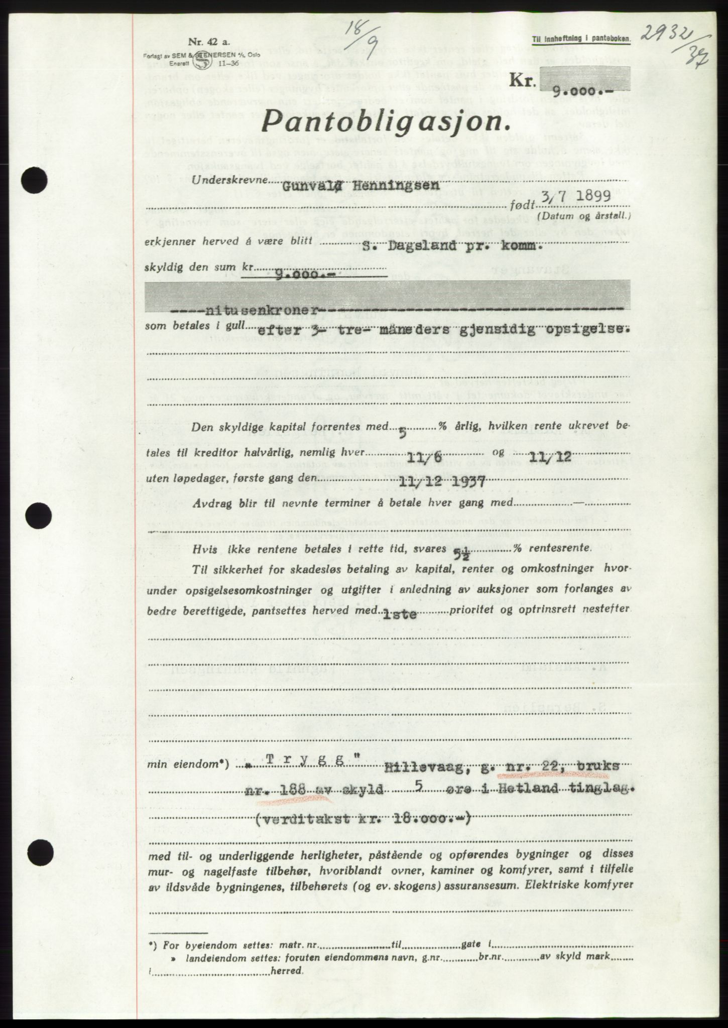 Jæren sorenskriveri, SAST/A-100310/03/G/Gba/L0069: Mortgage book, 1937-1937, Diary no: : 2932/1937