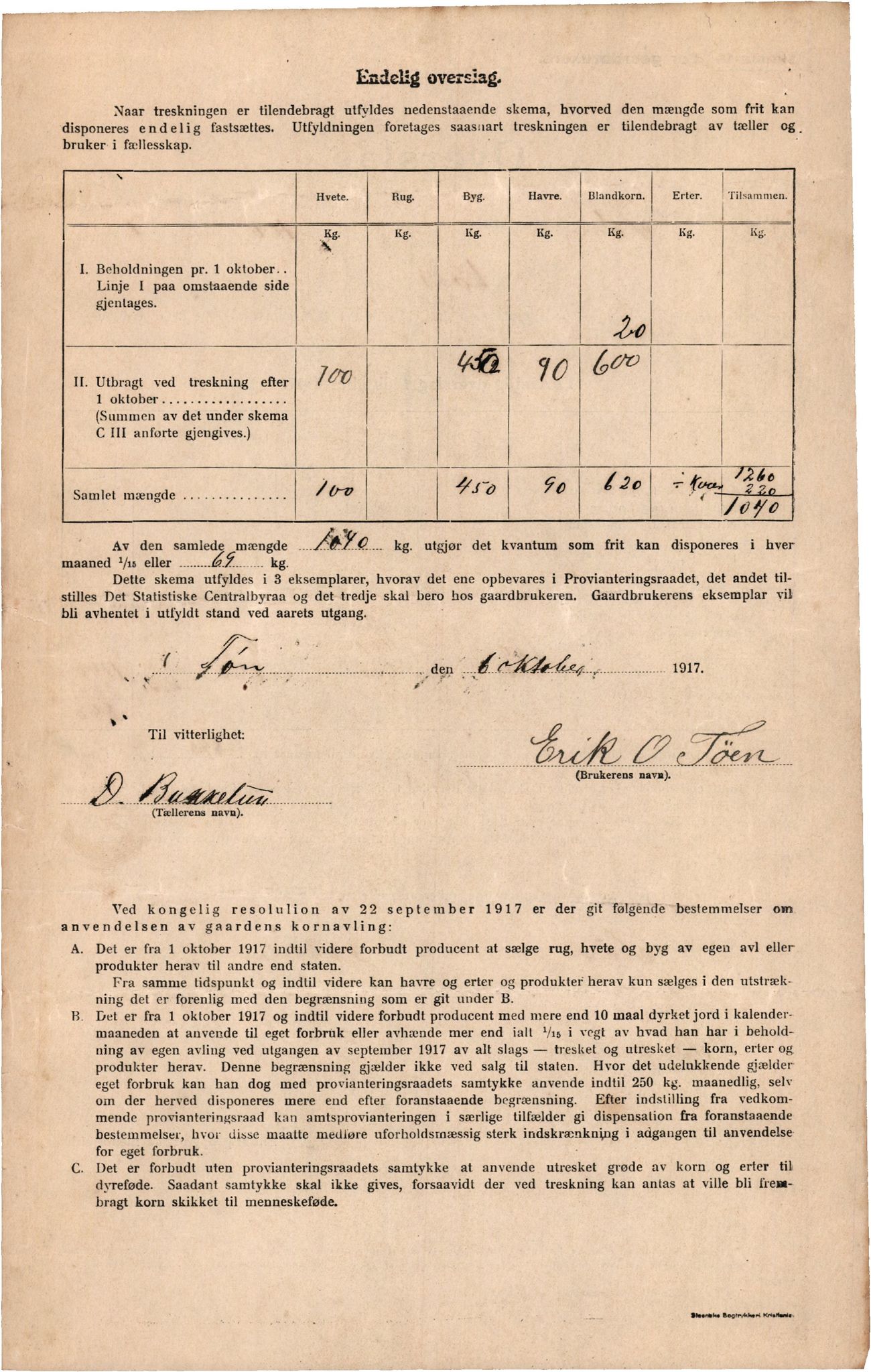 Voss kommune. Provianteringsrådet, IKAH/1235-840/F/Fa/L0001/0005: Kornteljinga. Oppgåve over gardbrukarar / Kornteljinga gnr. 100 Tøn – gnr. 140 Skiple , 1917