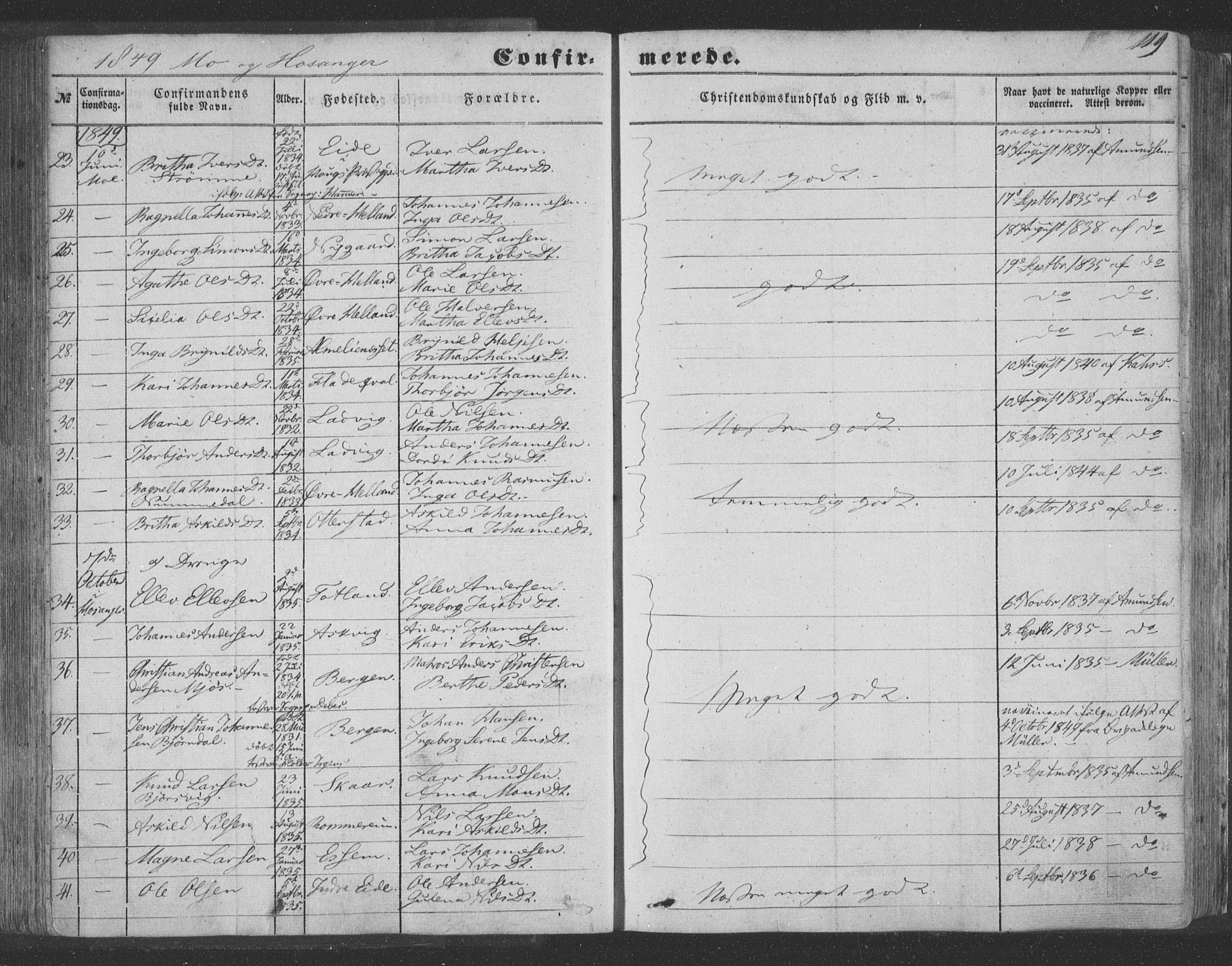Hosanger sokneprestembete, SAB/A-75801/H/Haa: Parish register (official) no. A 8, 1849-1863, p. 119
