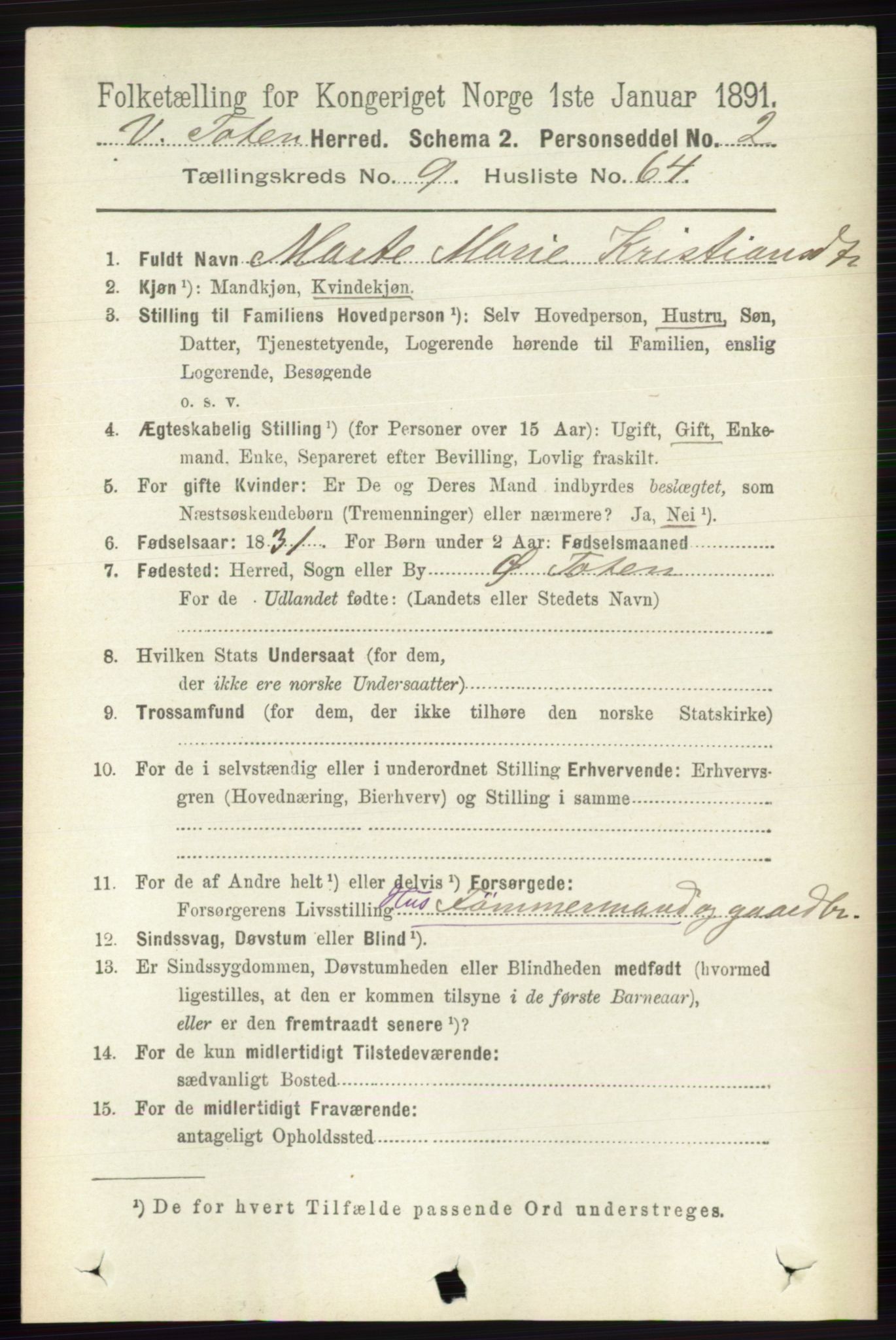 RA, 1891 census for 0529 Vestre Toten, 1891, p. 5955