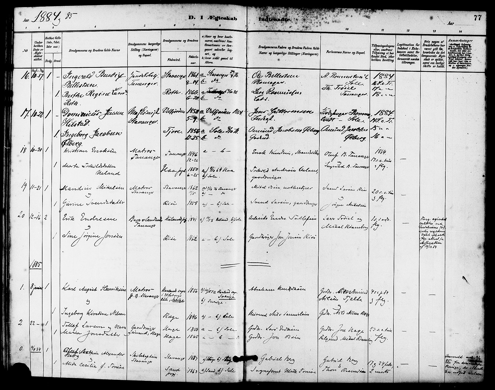 Håland sokneprestkontor, SAST/A-101802/001/30BA/L0010: Parish register (official) no. A 9, 1883-1888, p. 77