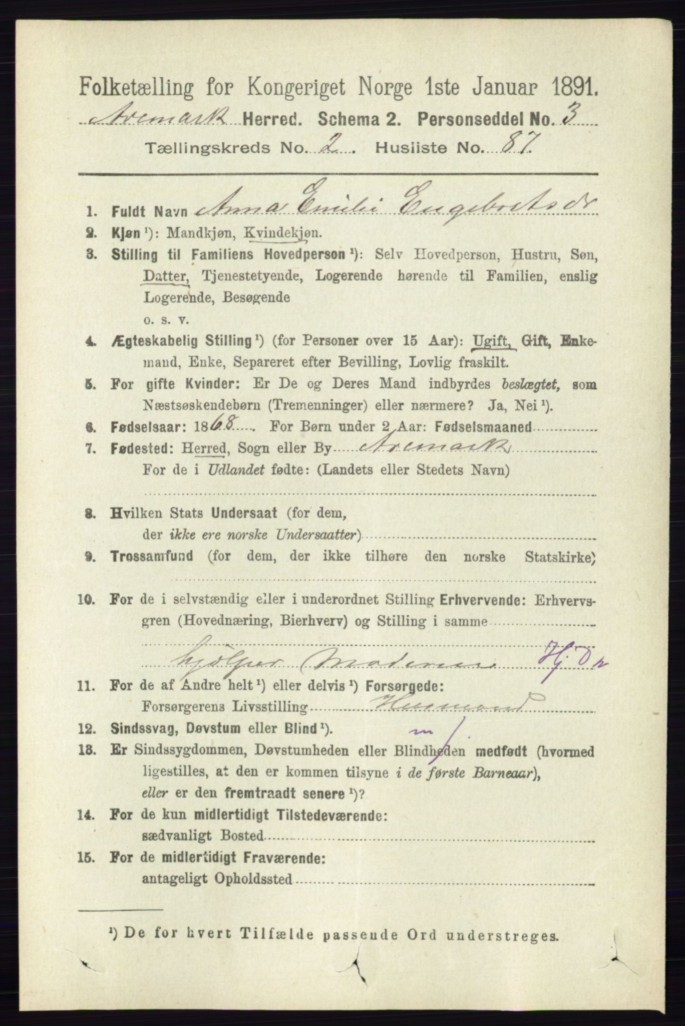 RA, 1891 census for 0118 Aremark, 1891, p. 1334