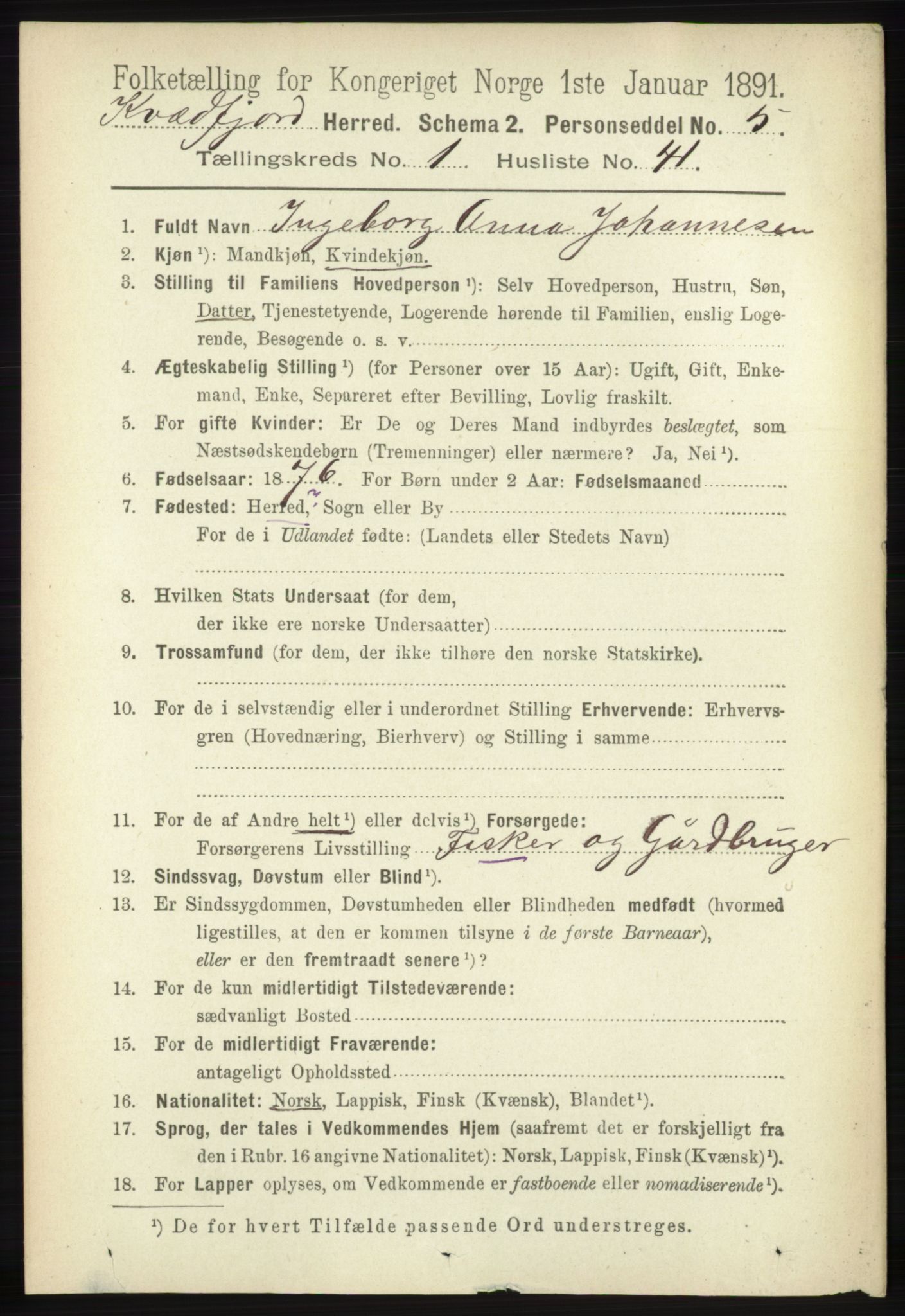 RA, 1891 census for 1911 Kvæfjord, 1891, p. 356