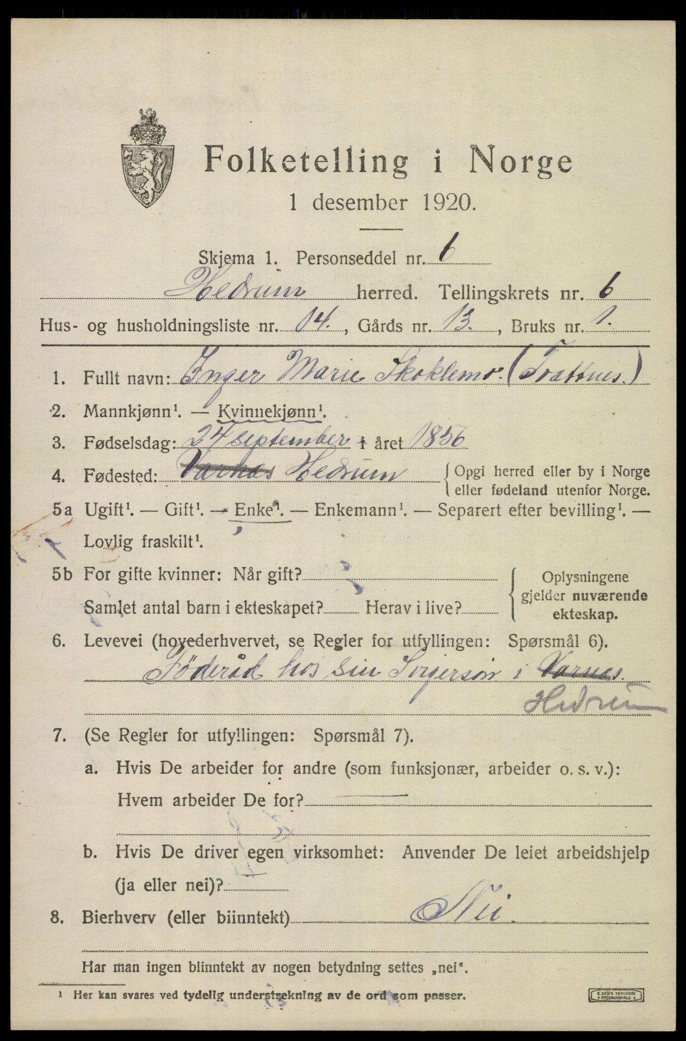 SAKO, 1920 census for Hedrum, 1920, p. 5693