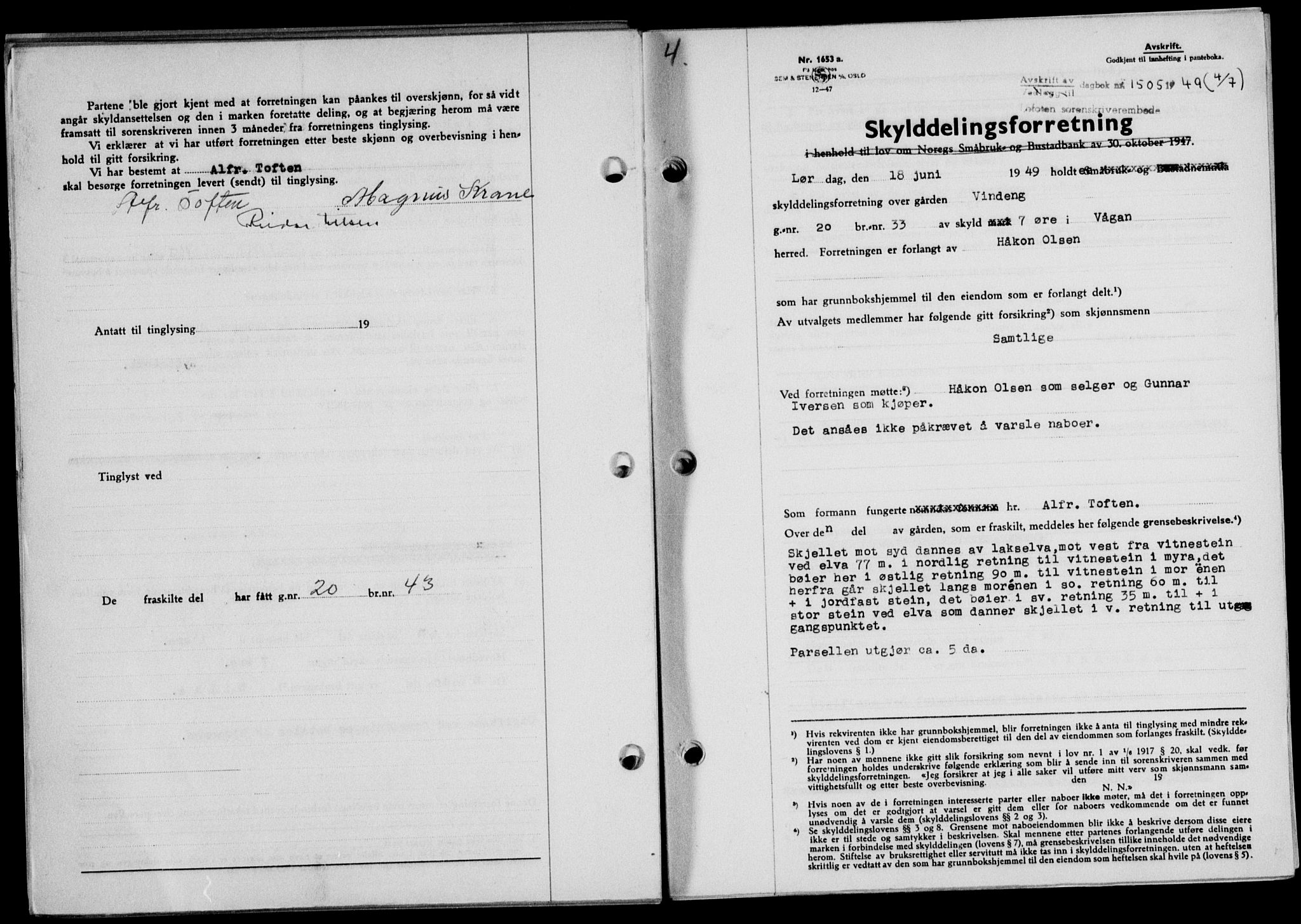 Lofoten sorenskriveri, SAT/A-0017/1/2/2C/L0021a: Mortgage book no. 21a, 1949-1949, Diary no: : 1505/1949