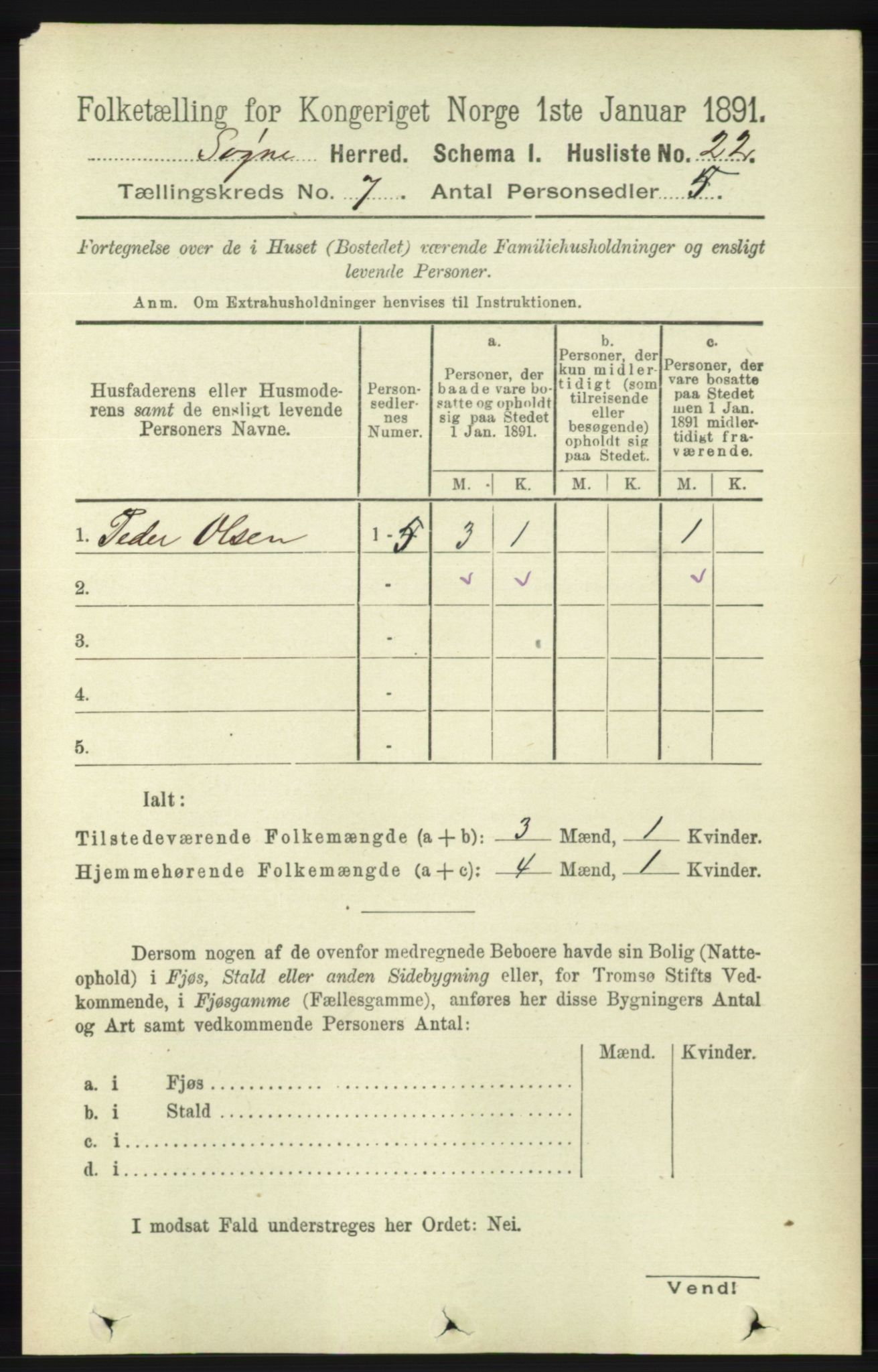 RA, 1891 census for 1018 Søgne, 1891, p. 1445