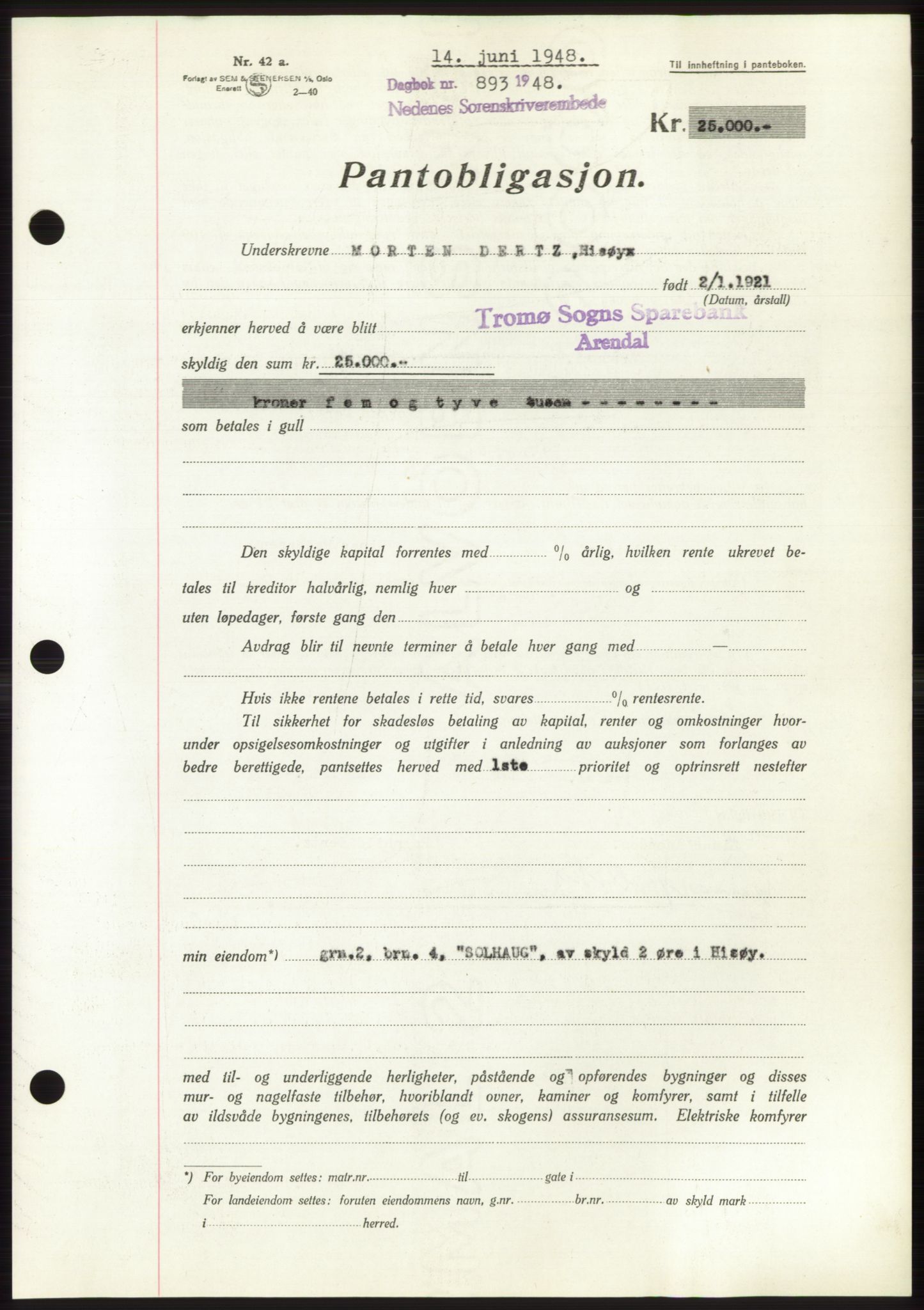 Nedenes sorenskriveri, AV/SAK-1221-0006/G/Gb/Gbb/L0005: Mortgage book no. B5, 1948-1948, Diary no: : 893/1948