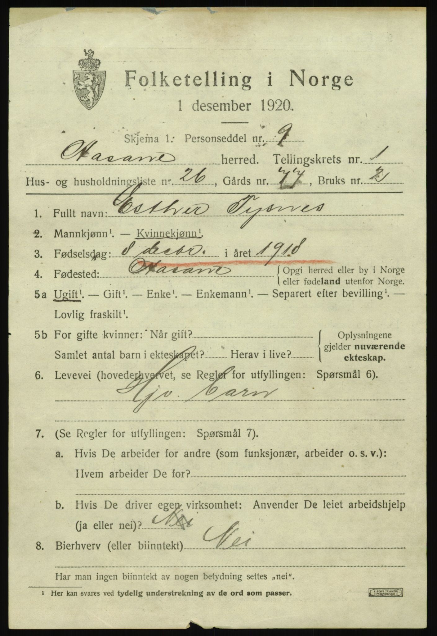 SAB, 1920 census for Åsane, 1920, p. 1225