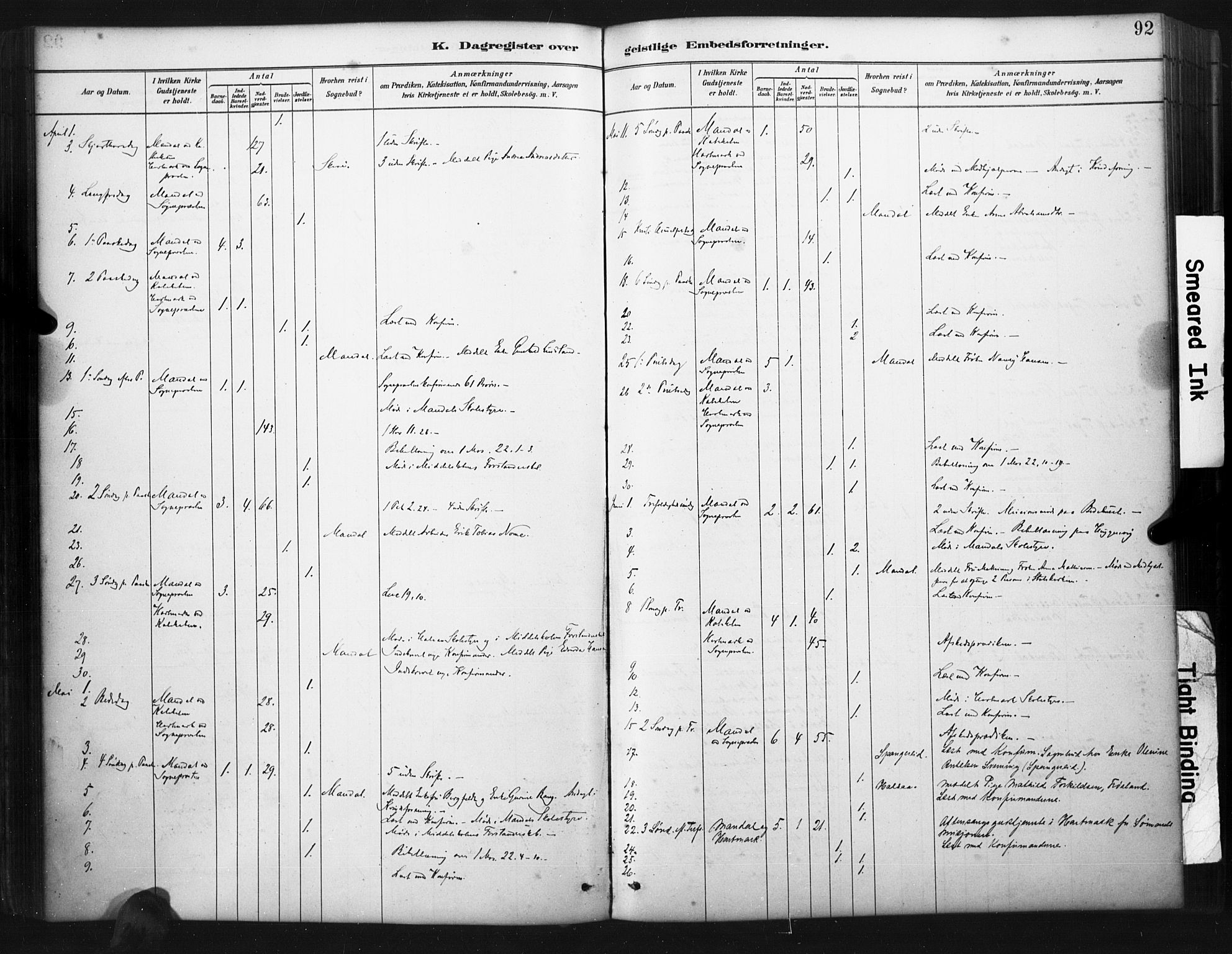 Mandal sokneprestkontor, AV/SAK-1111-0030/F/Fa/Faa/L0017: Parish register (official) no. A 17, 1880-1926, p. 92