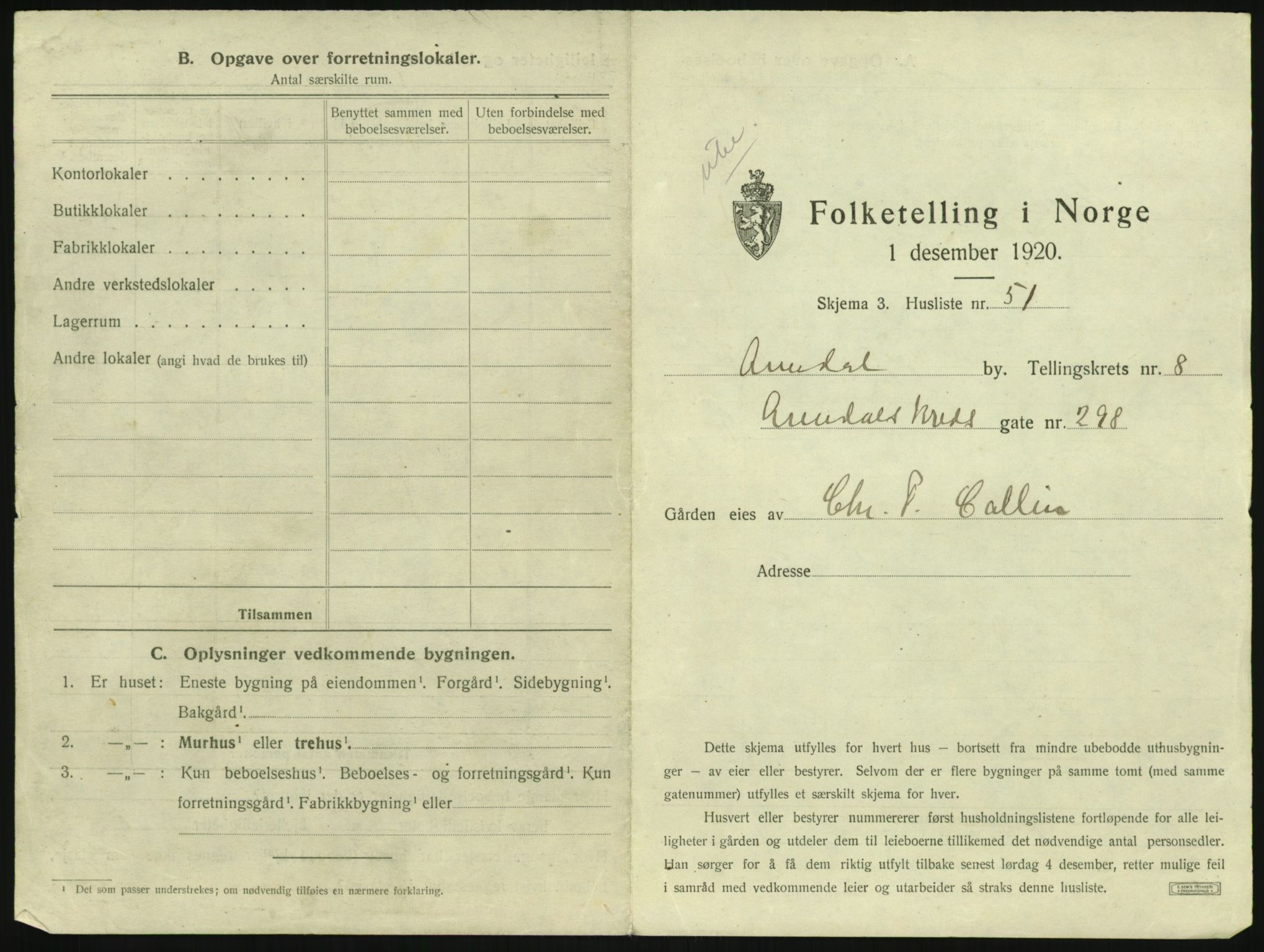 SAK, 1920 census for Arendal, 1920, p. 1100