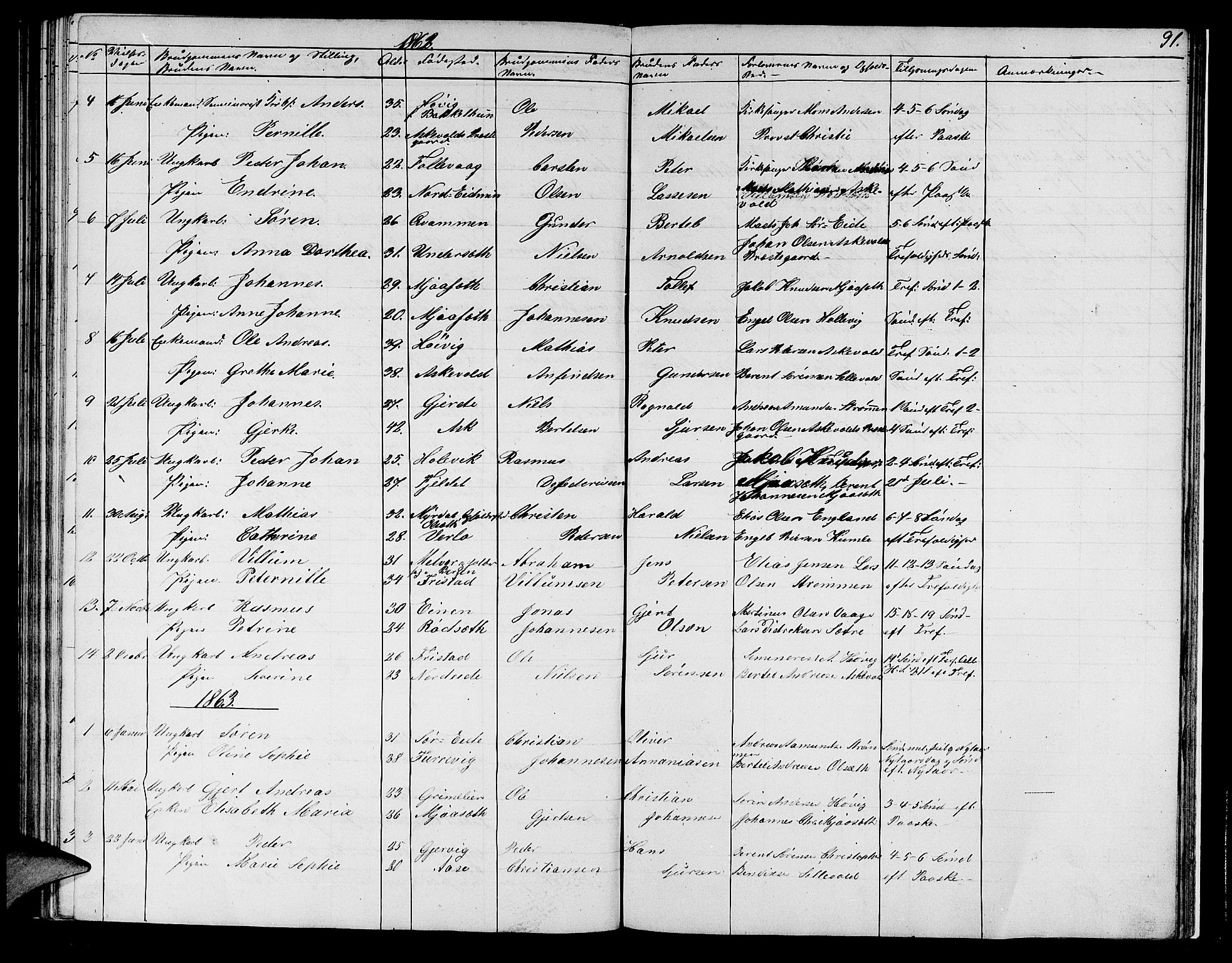 Askvoll sokneprestembete, SAB/A-79501/H/Hab/Haba/L0001: Parish register (copy) no. A 1, 1853-1872, p. 91