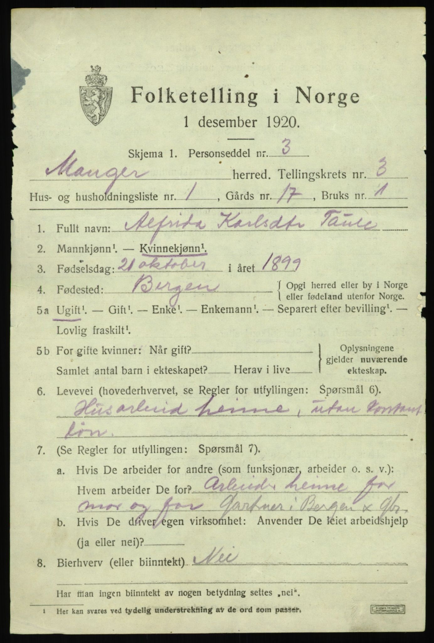 SAB, 1920 census for Manger, 1920, p. 2219