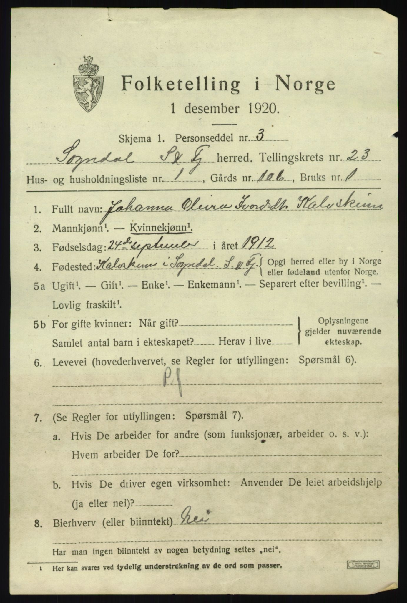 SAB, 1920 census for Sogndal, 1920, p. 8117